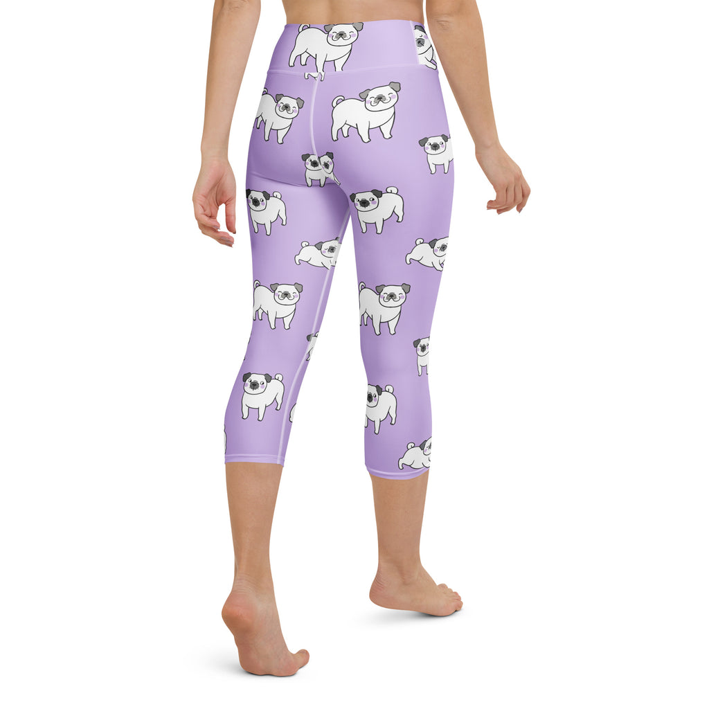Women’s purple pug buttery soft high-rise capri leggings with playful white cartoon pugs moisture-wicking activewear