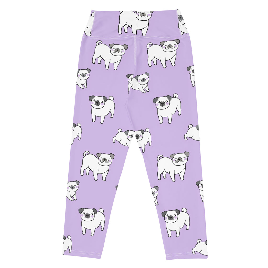 Women’s purple pug buttery soft high-rise yoga capri leggings with white cartoon pug pattern and moisture-wicking fabric