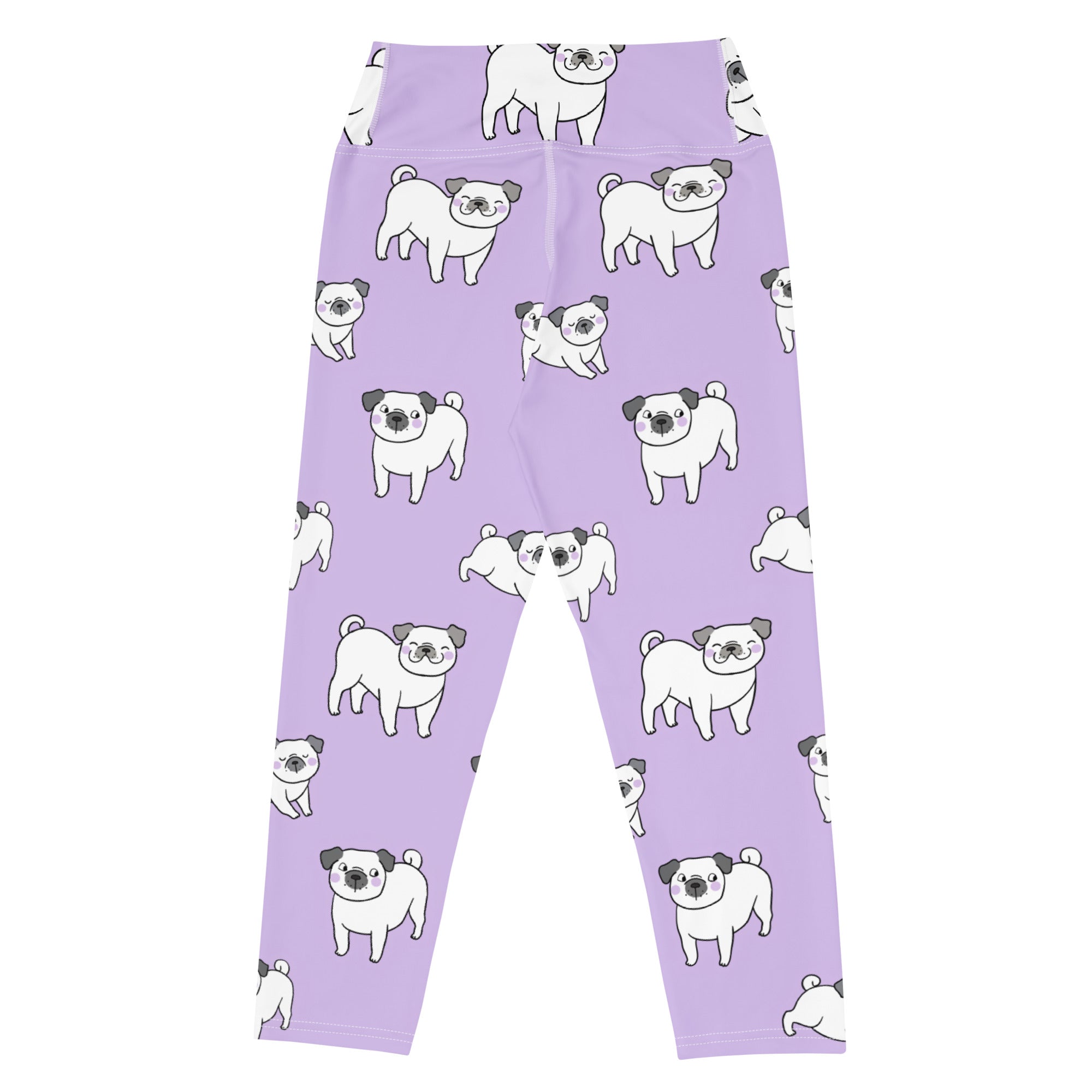 Women’s purple pug buttery soft high-rise yoga capri leggings with white cartoon pug pattern and moisture-wicking fabric