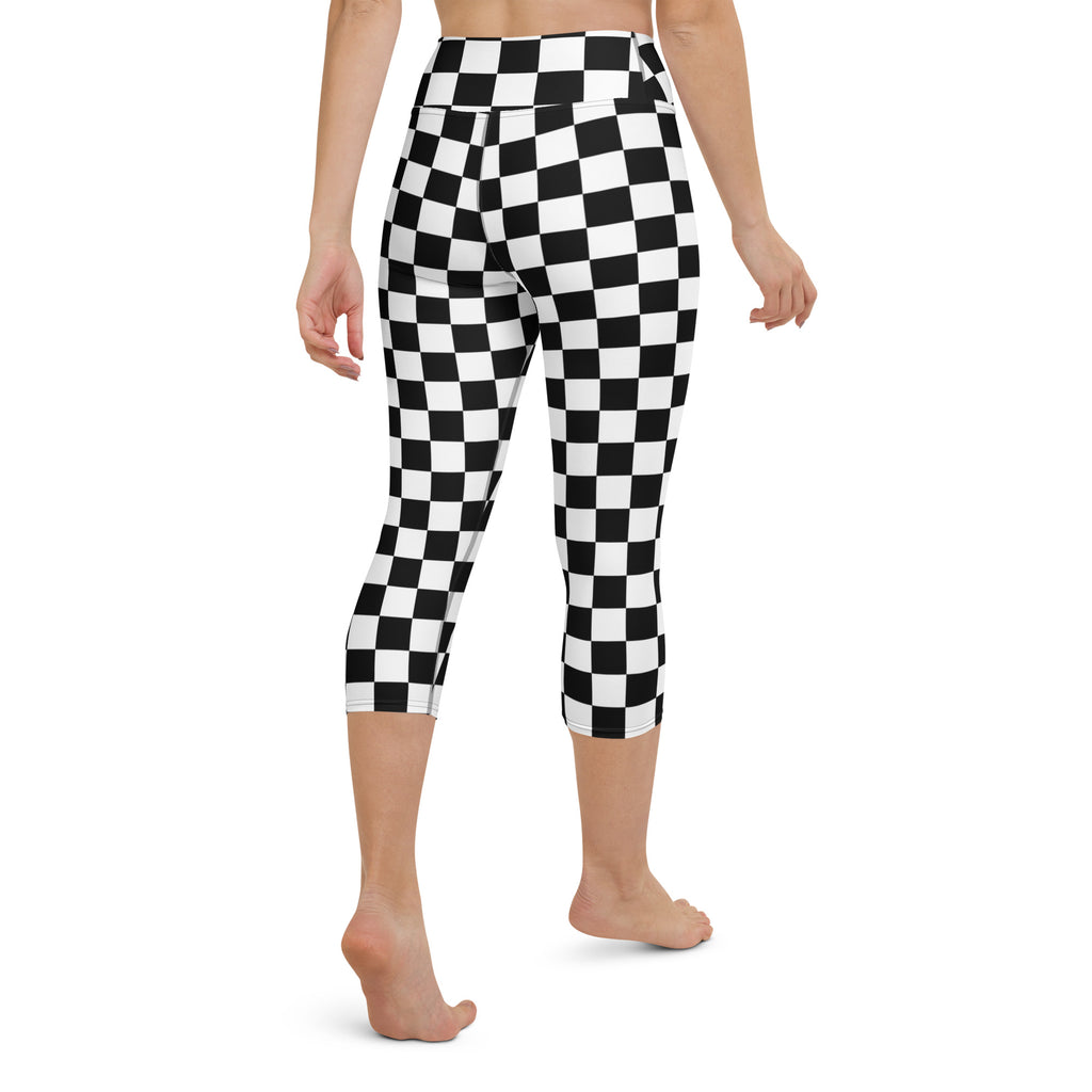 Women’s black and white checkered buttery soft high-rise moisture-wicking yoga capri leggings front view
