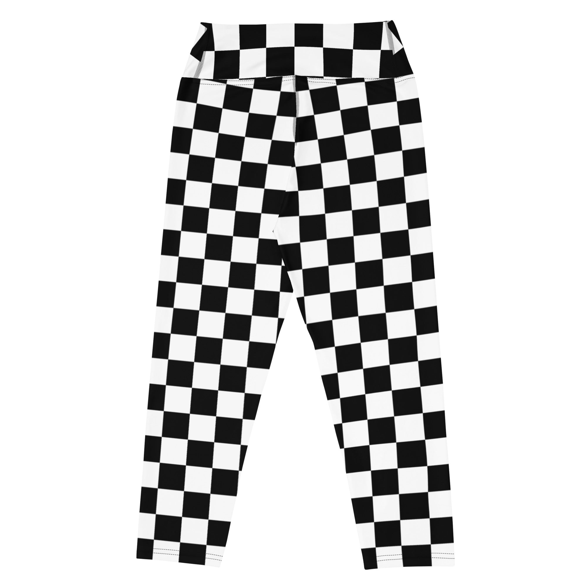 Women’s black and white checkered high-rise buttery soft yoga capri leggings with moisture-wicking stretch fabric