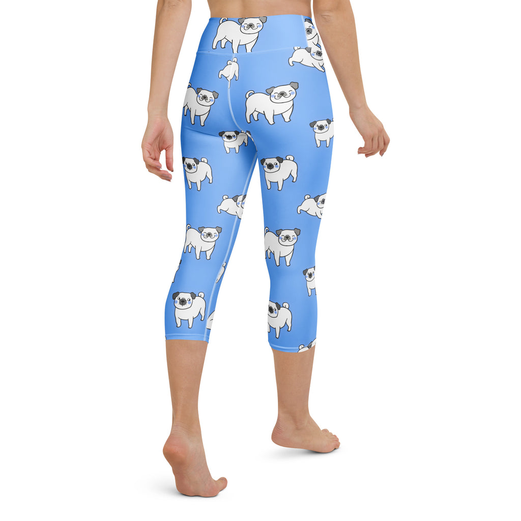 Women’s blue pug buttery soft high-rise yoga capri leggings with white cartoon pugs moisture-wicking stretch fabric
