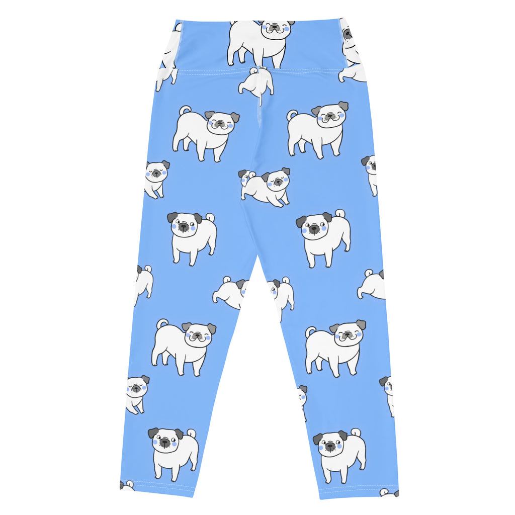 Women’s light blue pug buttery soft high-rise yoga capri leggings with white pug pattern and moisture-wicking stretch