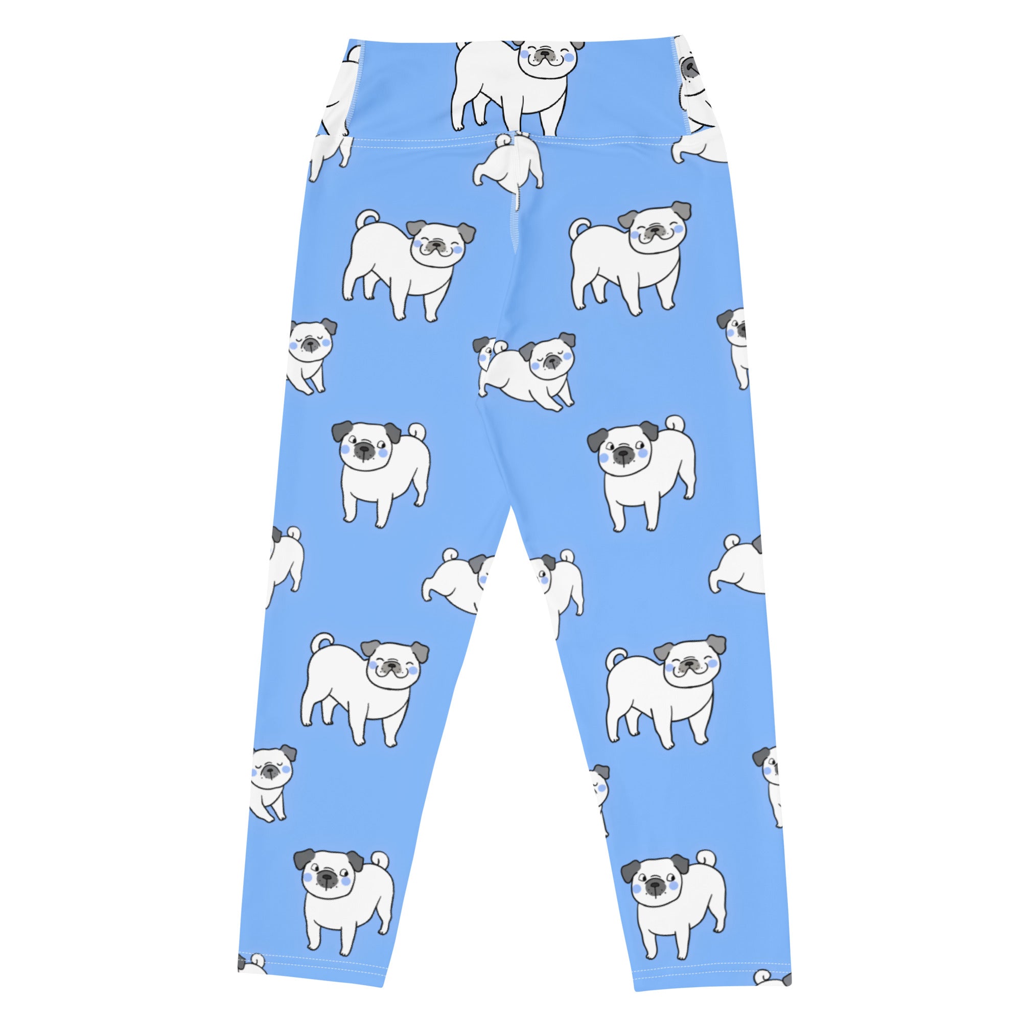 Women’s light blue pug buttery soft high-rise yoga capri leggings with white pug pattern and moisture-wicking stretch