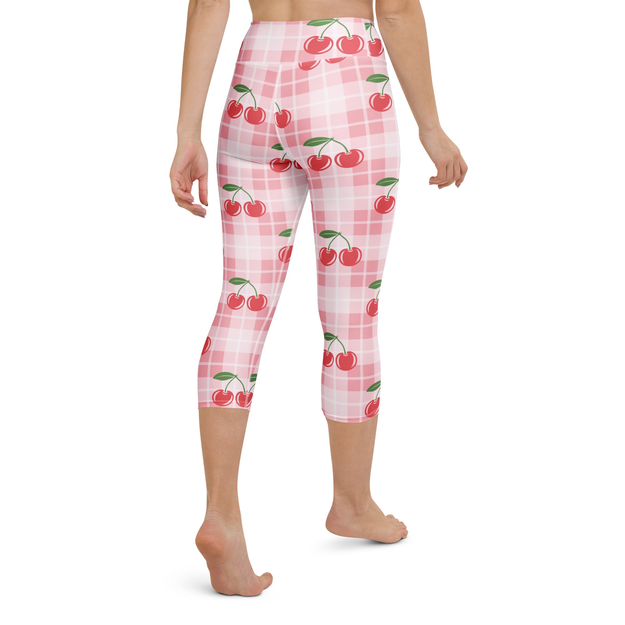 Women’s cherry gingham buttery soft high-rise pink and white plaid capri leggings with red cherry pattern