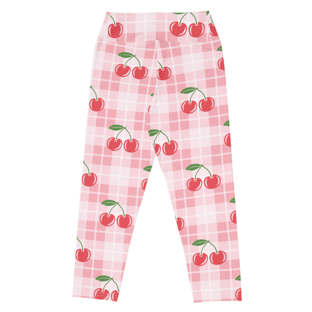 Women’s cherry gingham buttery soft yoga capri leggings in pink and white plaid with red cherry pattern and green stems