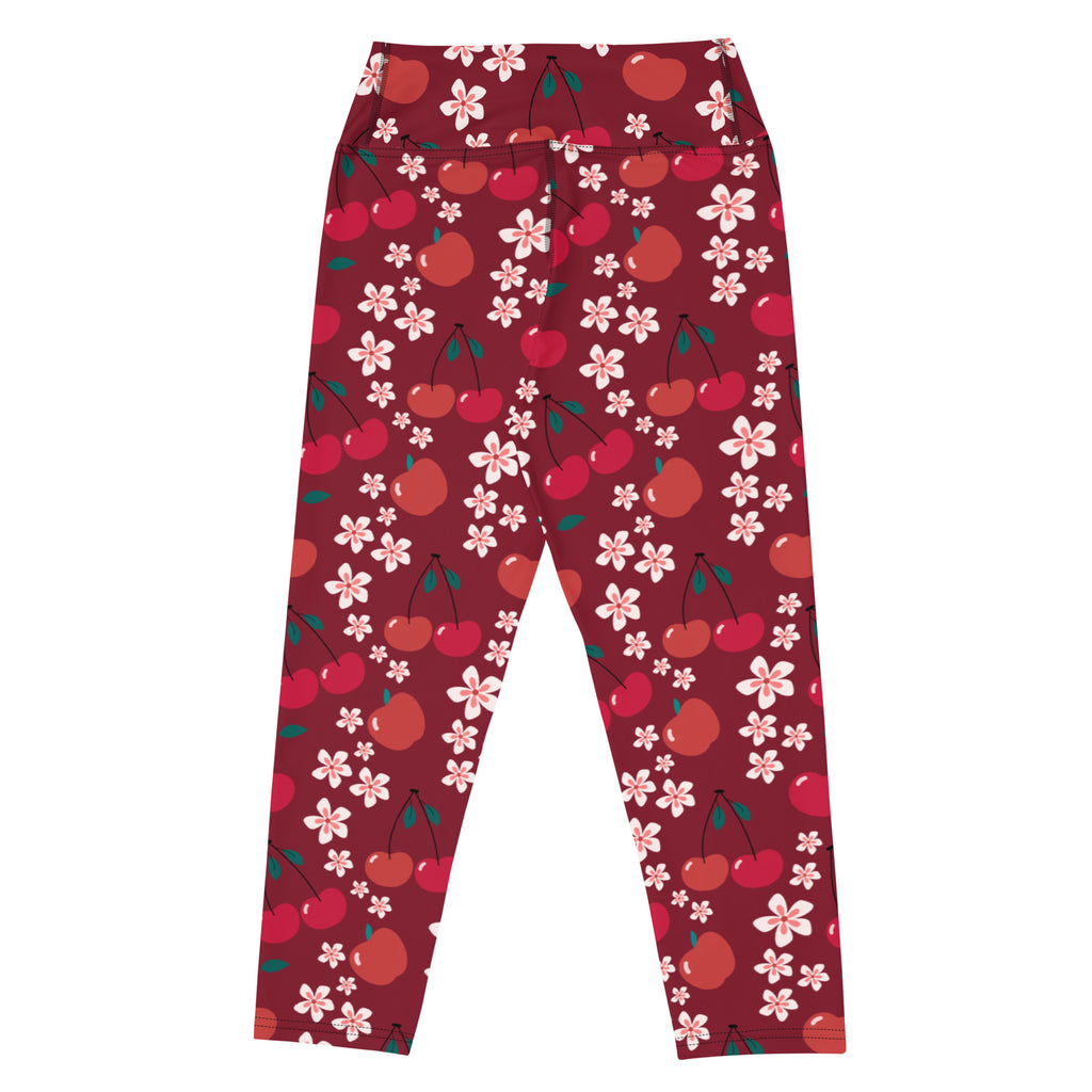 Women’s high-rise cherry blossom capri leggings with red cherry and pink flower pattern buttery soft fabric