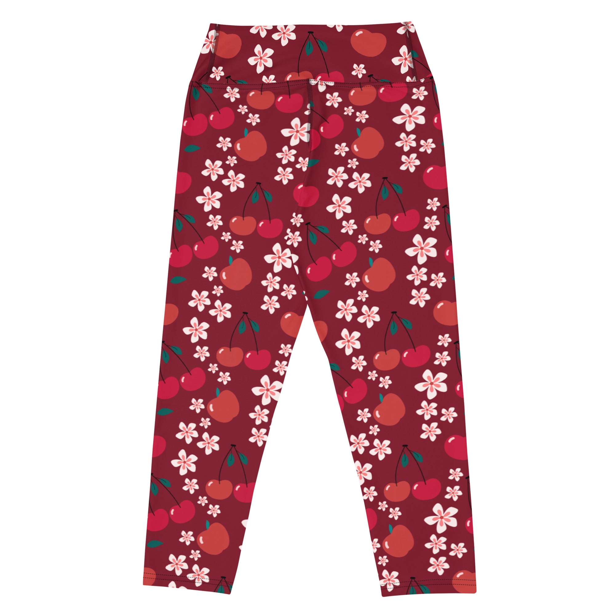 Women’s high-rise cherry blossom capri leggings with red cherry and pink flower pattern buttery soft fabric