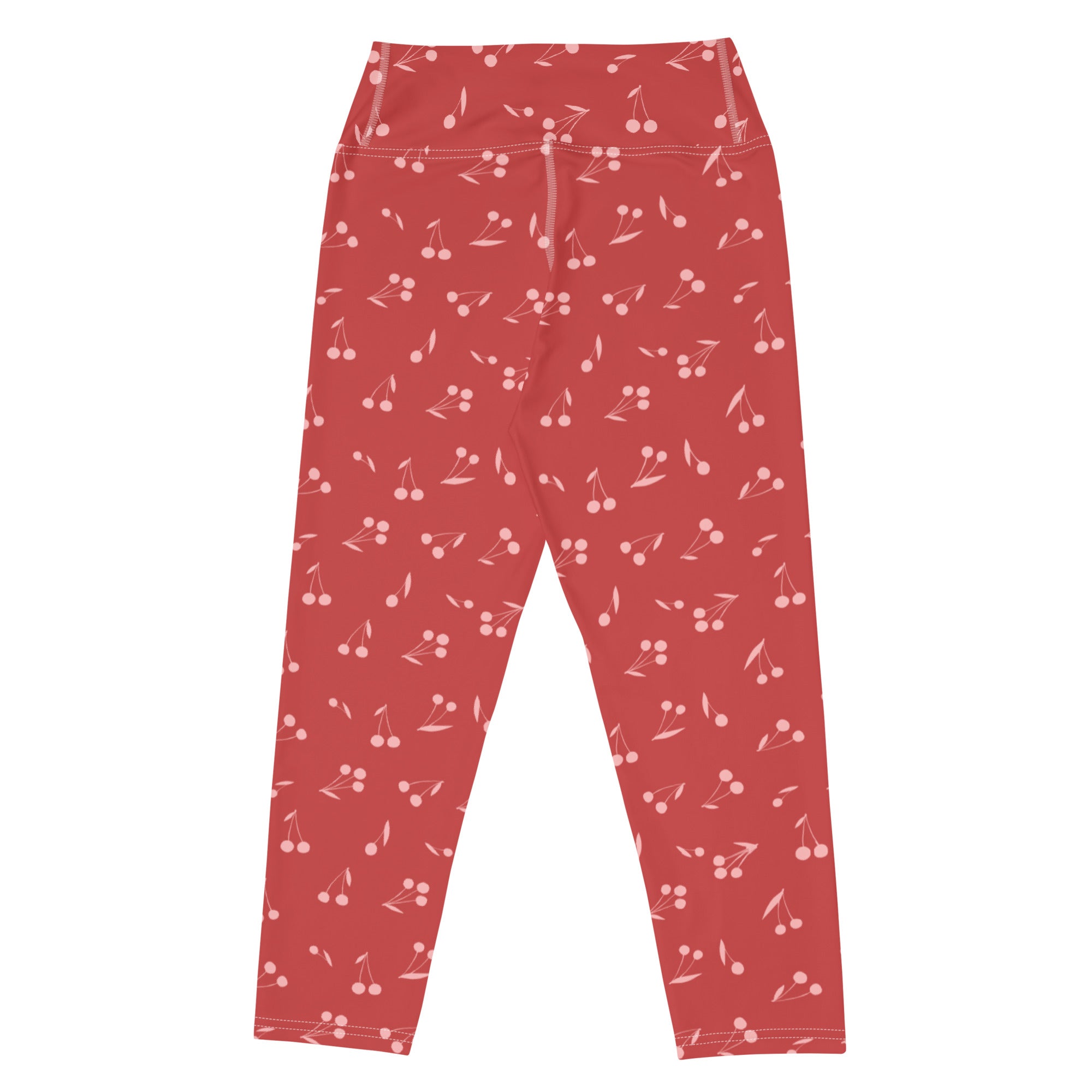Women’s high-rise red cherry print buttery soft yoga capri leggings with zipper closure and moisture-wicking fabric