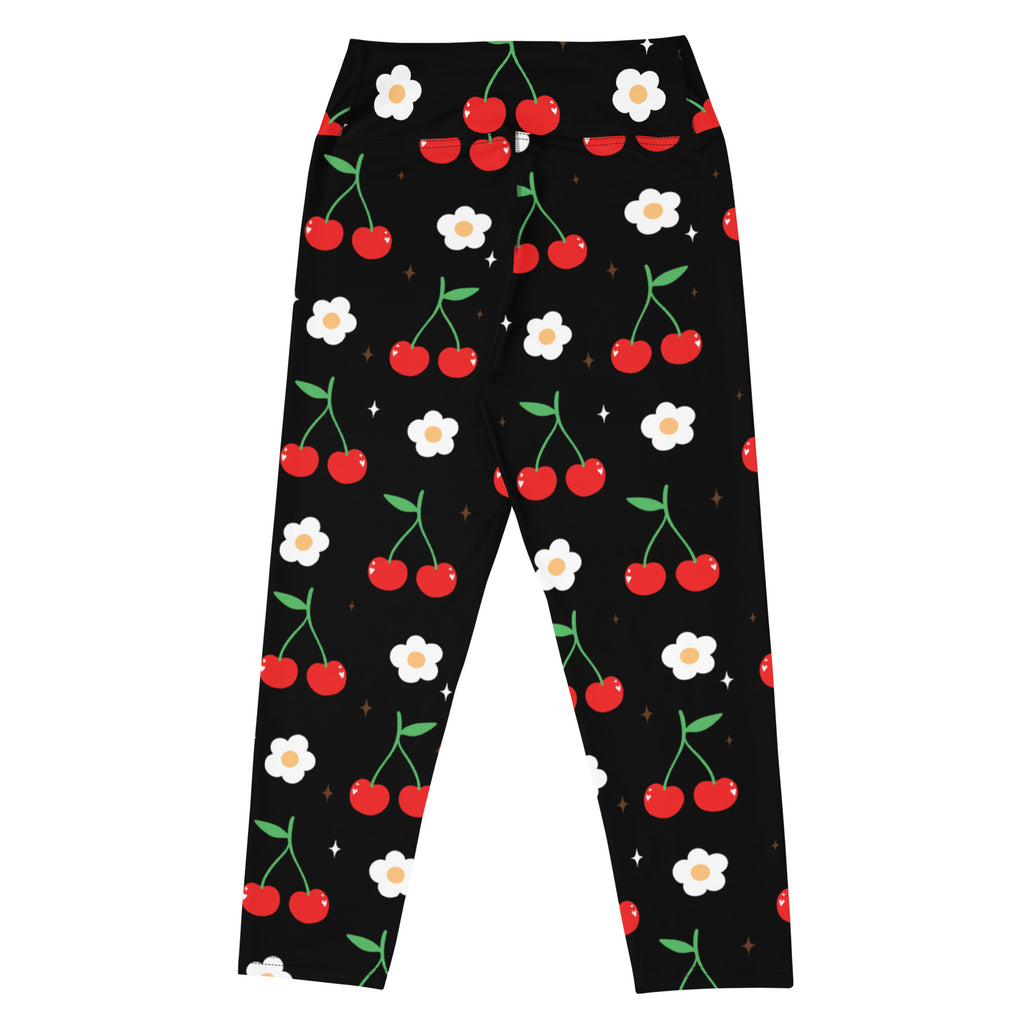 Women’s black cherry blossom buttery soft high-rise yoga capri leggings with red cherry and white daisy pattern
