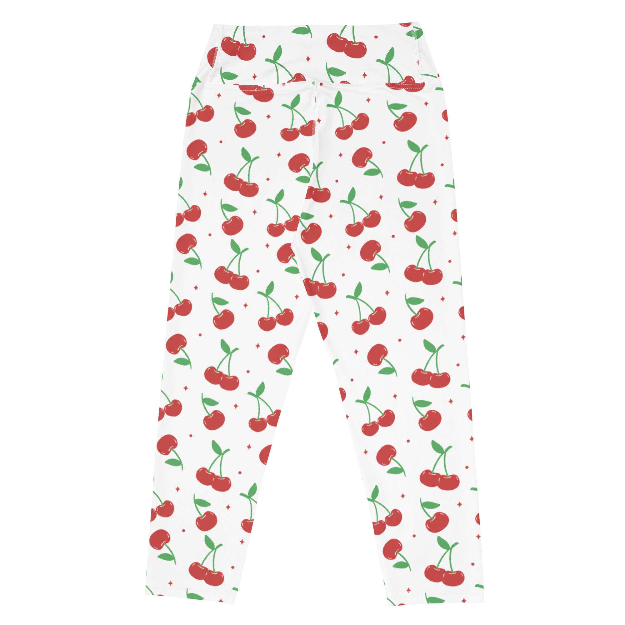 Women’s white cherry print buttery soft yoga capri leggings with high-rise waist moisture-wicking fabric