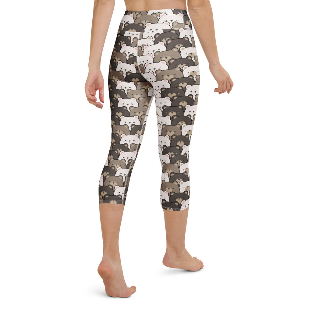 Women’s buttery soft high-rise yoga capri leggings with moisture-wicking bear face pattern in white gray and brown