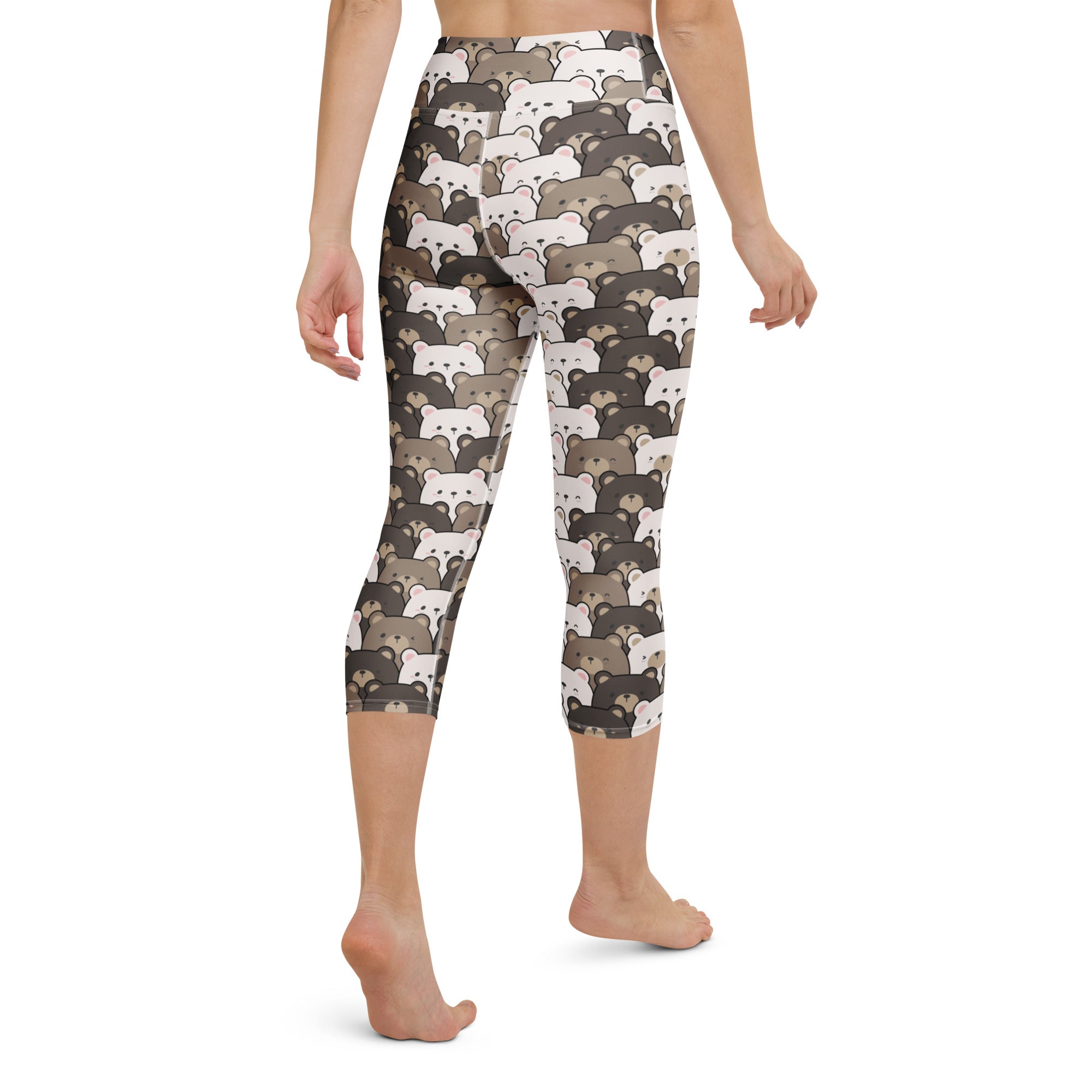 Women’s buttery soft high-rise yoga capri leggings with moisture-wicking bear face pattern in white gray and brown