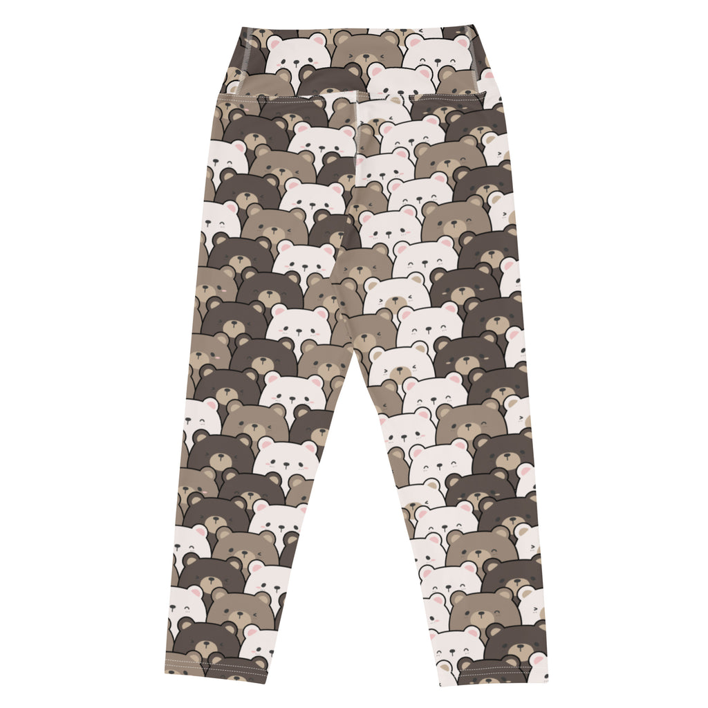 Women’s high-rise buttery soft yoga capri leggings with playful white and brown cartoon bear pattern and moisture-wicking fabric