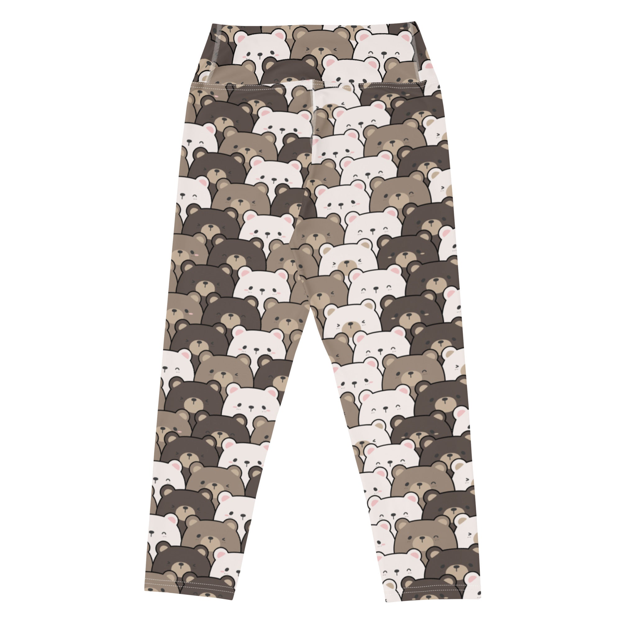 Women’s high-rise buttery soft yoga capri leggings with playful white and brown cartoon bear pattern and moisture-wicking fabric
