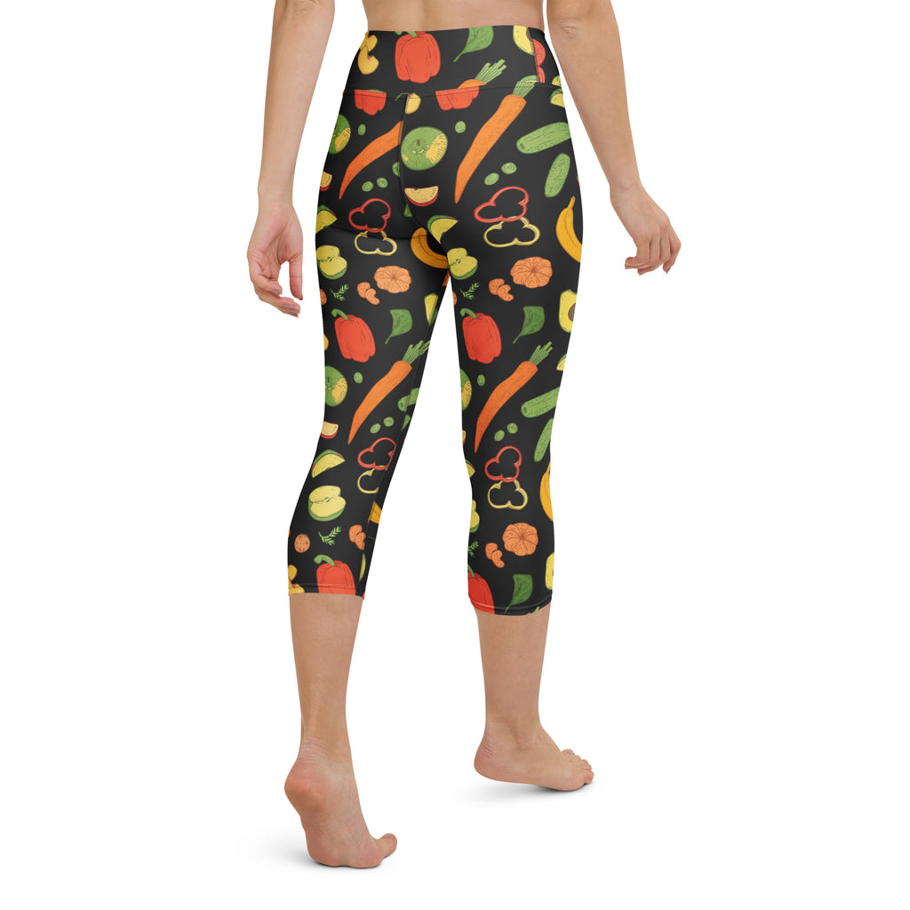 Black capri leggings with vibrant cartoon vegetable print, buttery soft high-rise moisture-wicking yoga pants