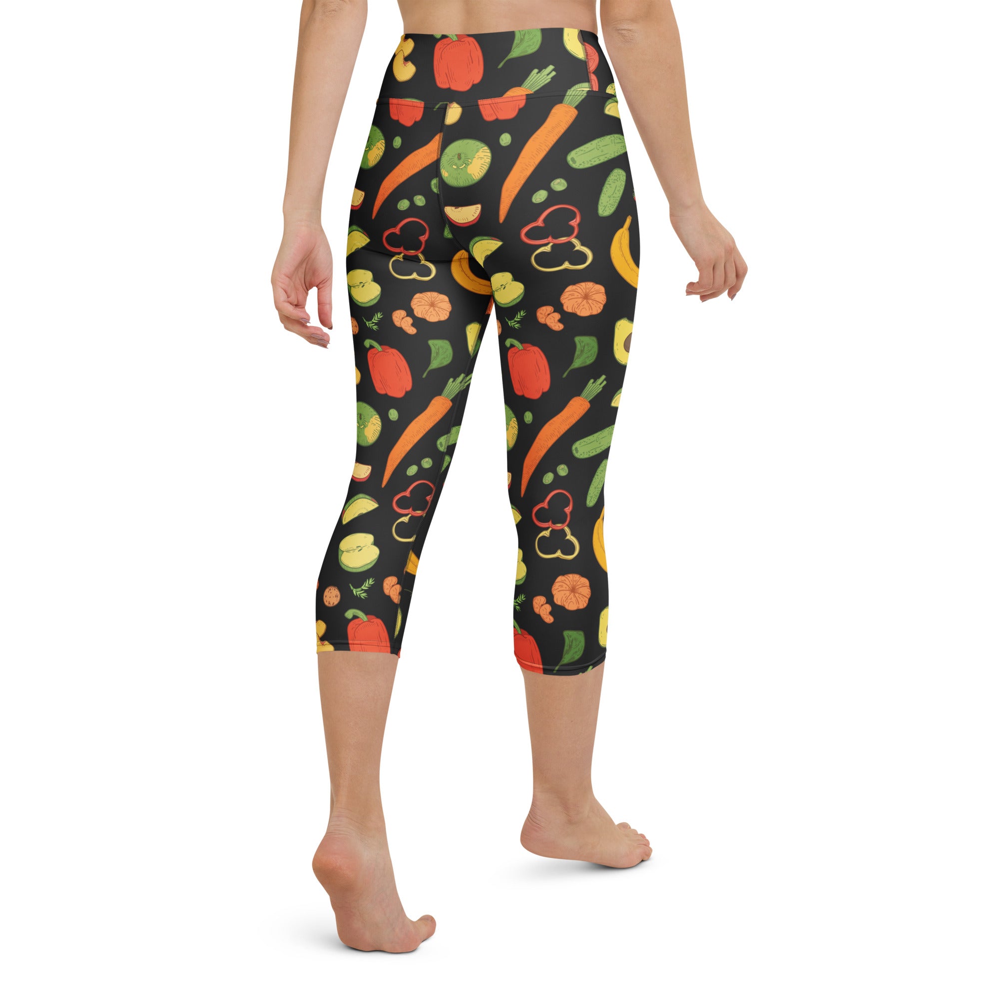 Black capri leggings with vibrant cartoon vegetable print, buttery soft high-rise moisture-wicking yoga pants