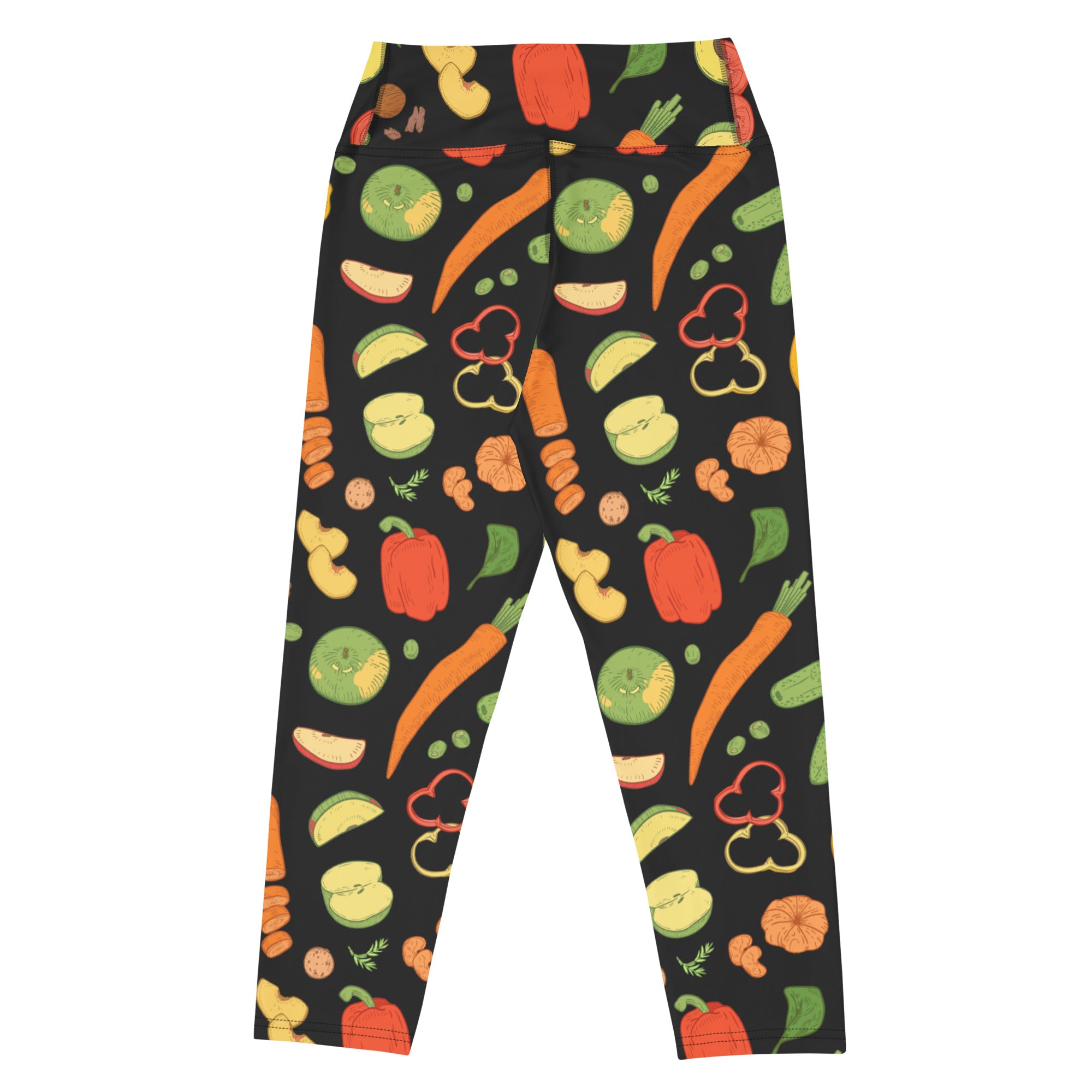 Women’s high-rise black vegetable print buttery soft yoga capri leggings with carrot bell pepper and apple design