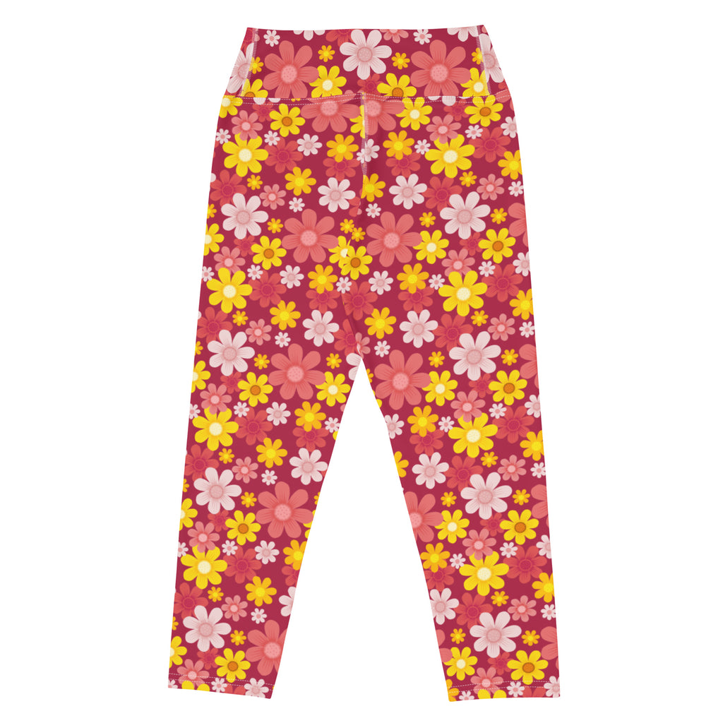 Women’s red floral buttery soft yoga capri leggings with high rise waistband in pink and yellow floral pattern