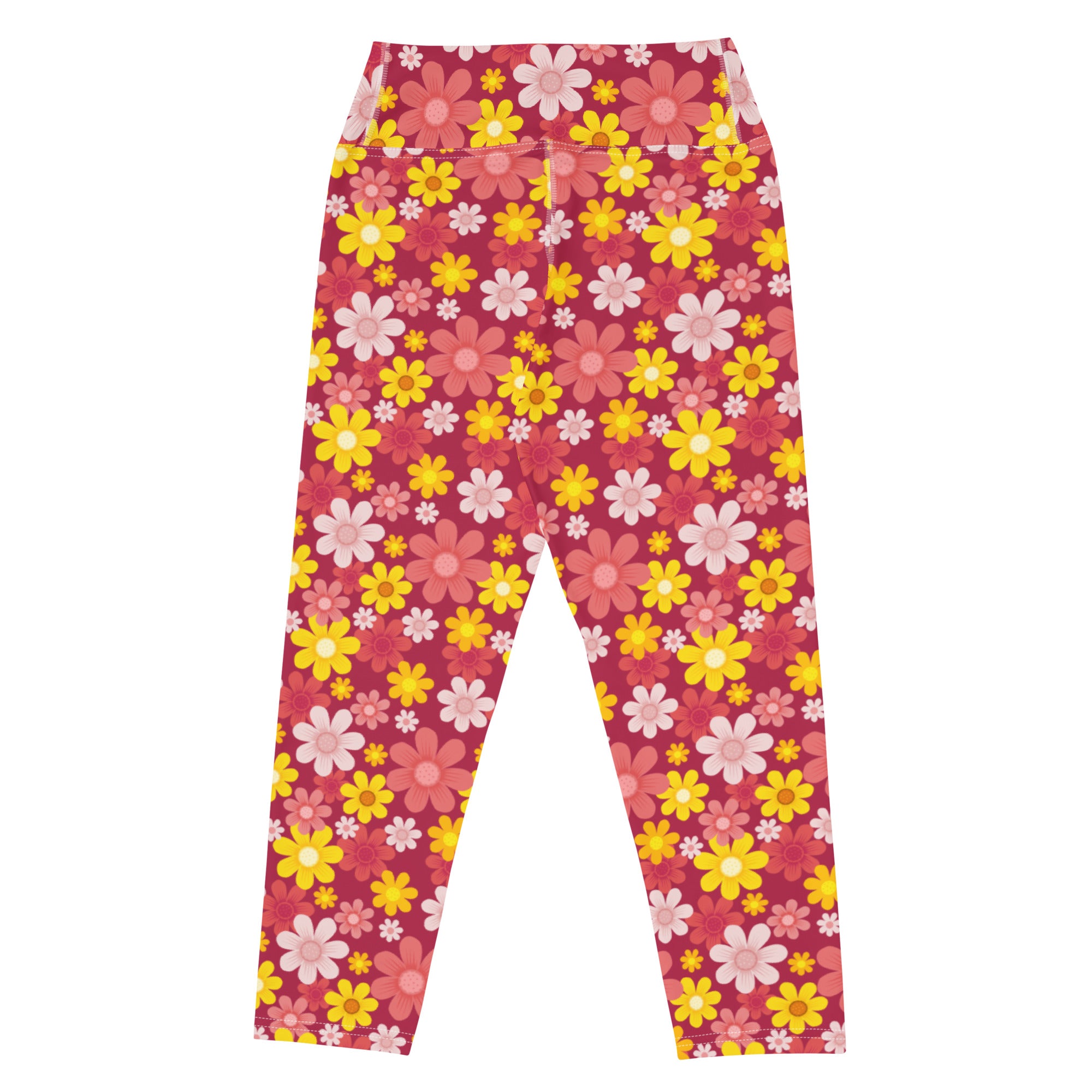 Women’s red floral buttery soft yoga capri leggings with high rise waistband in pink and yellow floral pattern