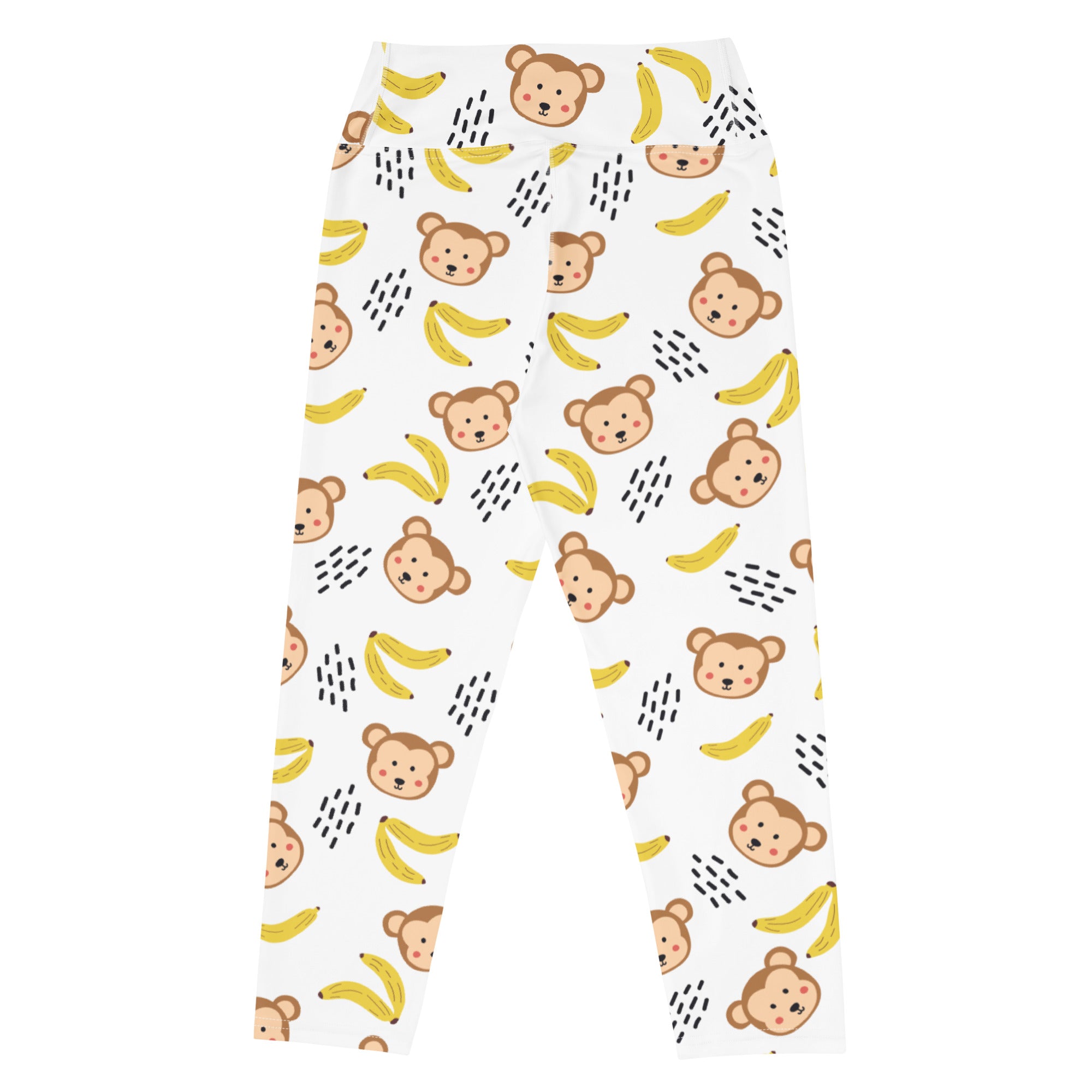 White womens high-rise monkey buttery soft yoga capri leggings with brown and yellow cartoon monkey and banana pattern