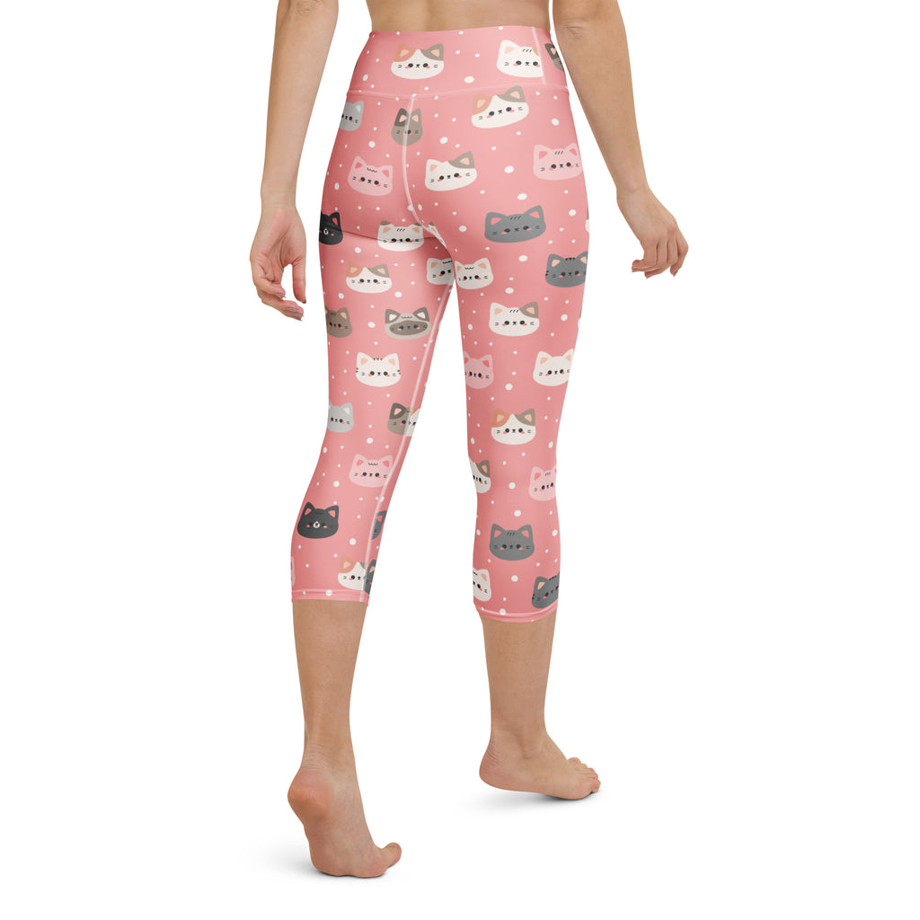 Women’s cute pink cat faces buttery soft high-rise capri leggings with gray white and black cartoon cats pattern