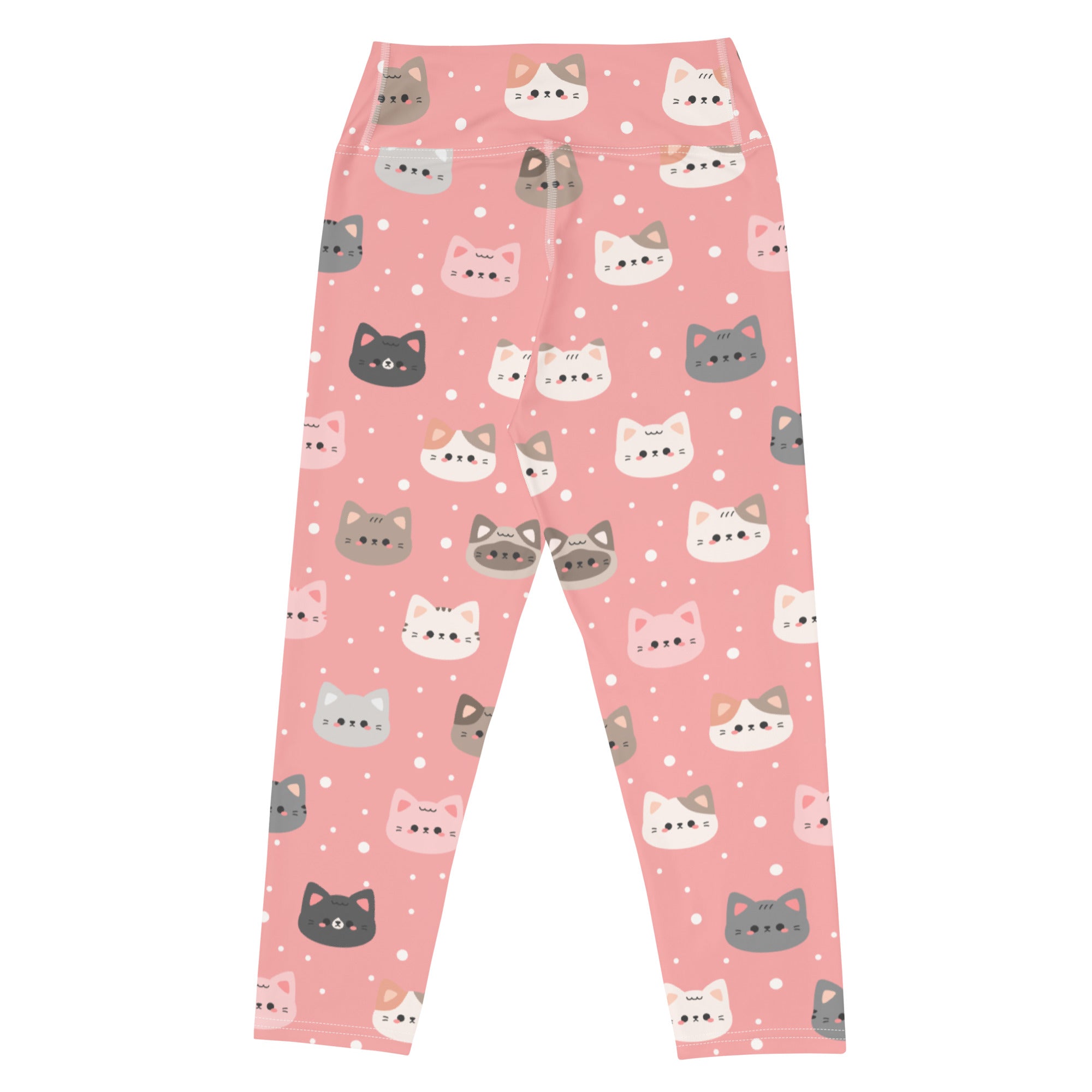 Women’s cute pink cat faces buttery soft high-rise yoga capri leggings with gray white pink cartoon cats and polka dots