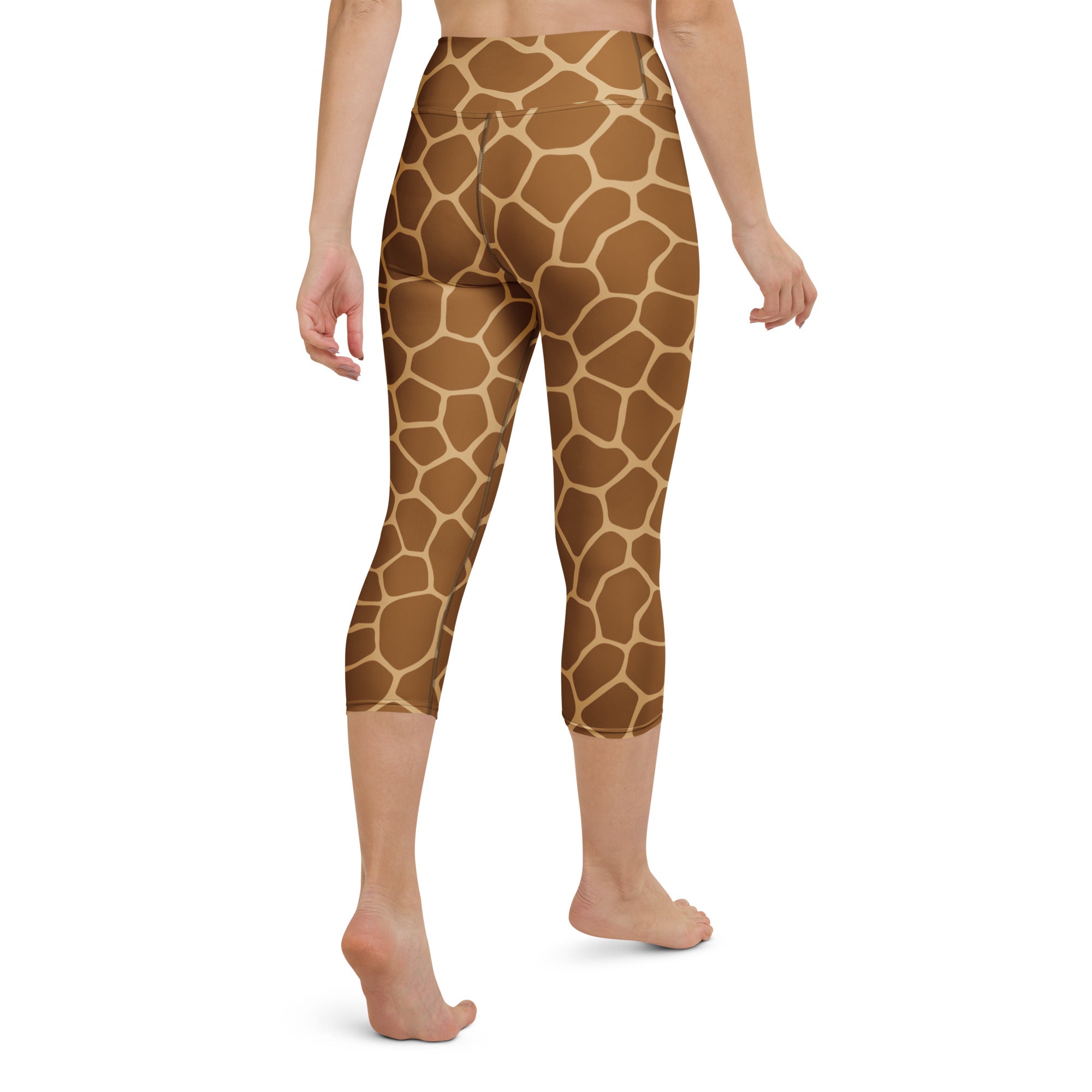 Brown and cream giraffe print buttery soft high-rise moisture-wicking capri leggings for women activewear