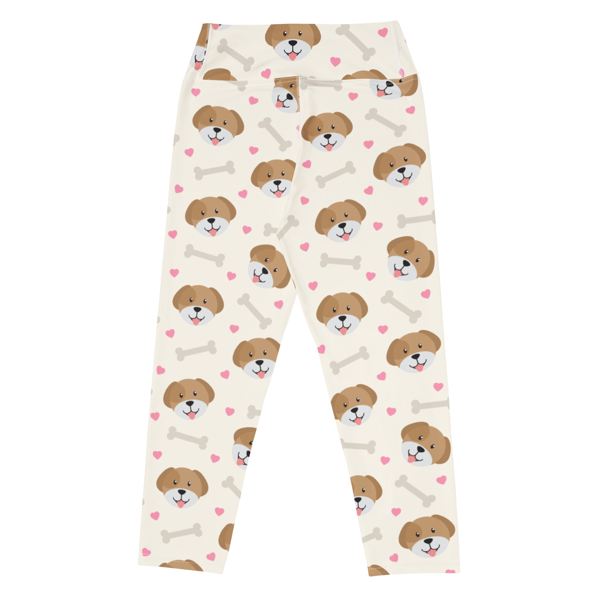 Cream-colored women’s puppy and bone buttery soft yoga capri leggings with brown puppy faces pink hearts and gray bones design