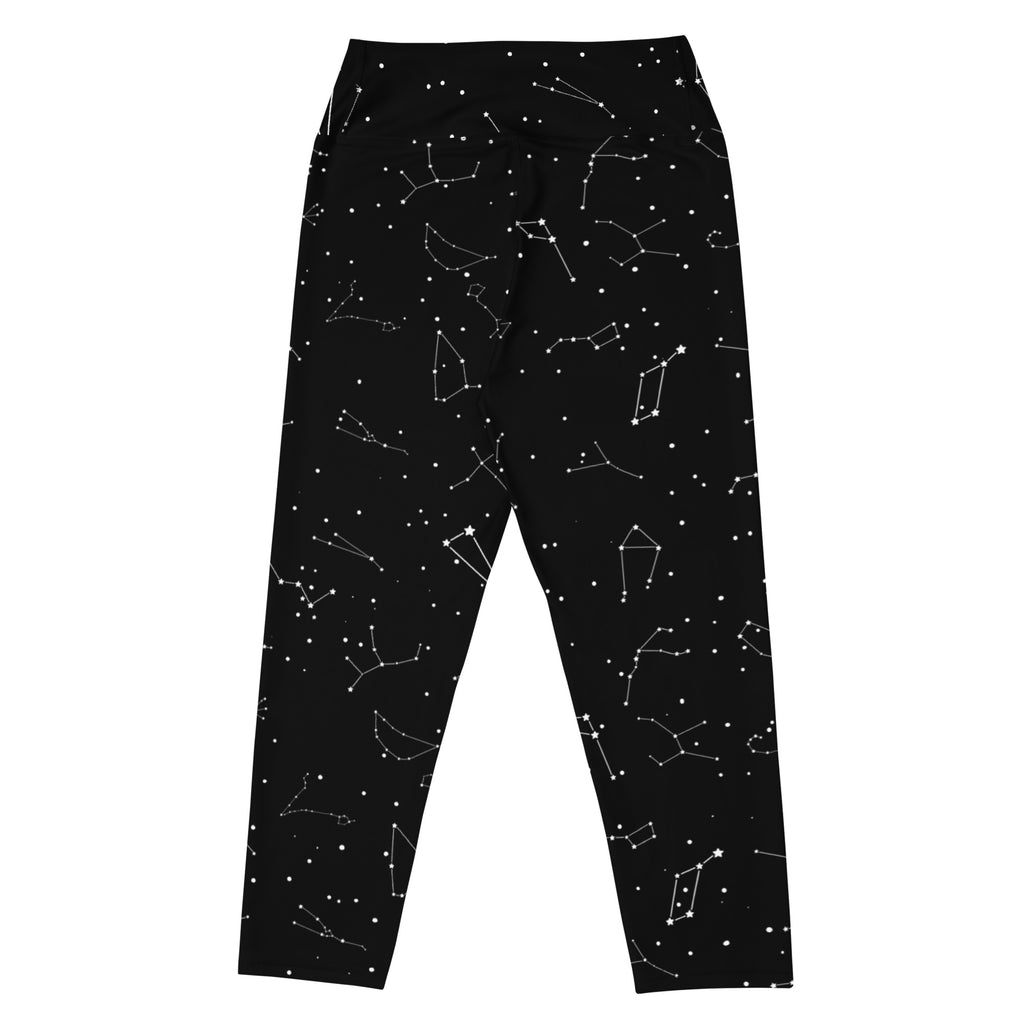Women’s high-rise black buttery soft yoga capri leggings with white realistic constellation pattern and moisture-wicking fabric
