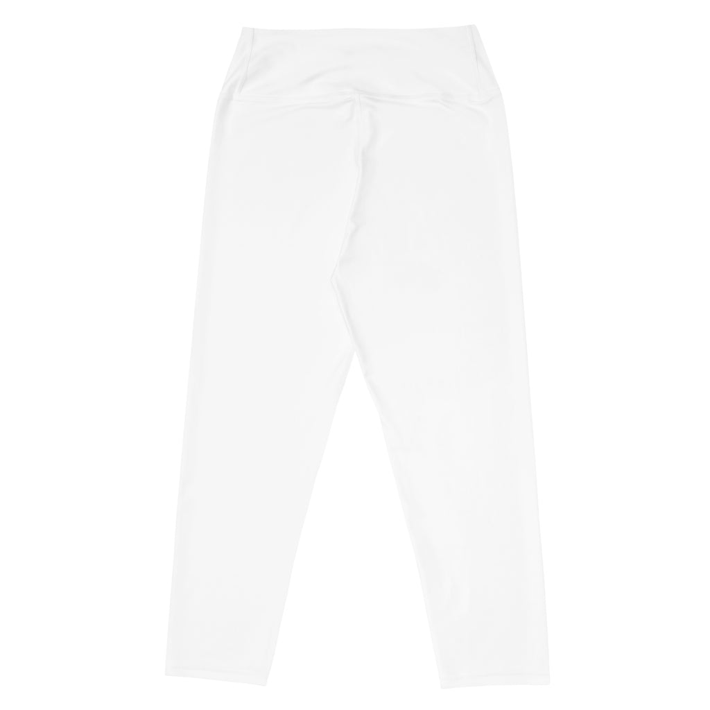 White high-waisted buttery soft yoga capri leggings with stretchy fabric and subtle side seam detailing