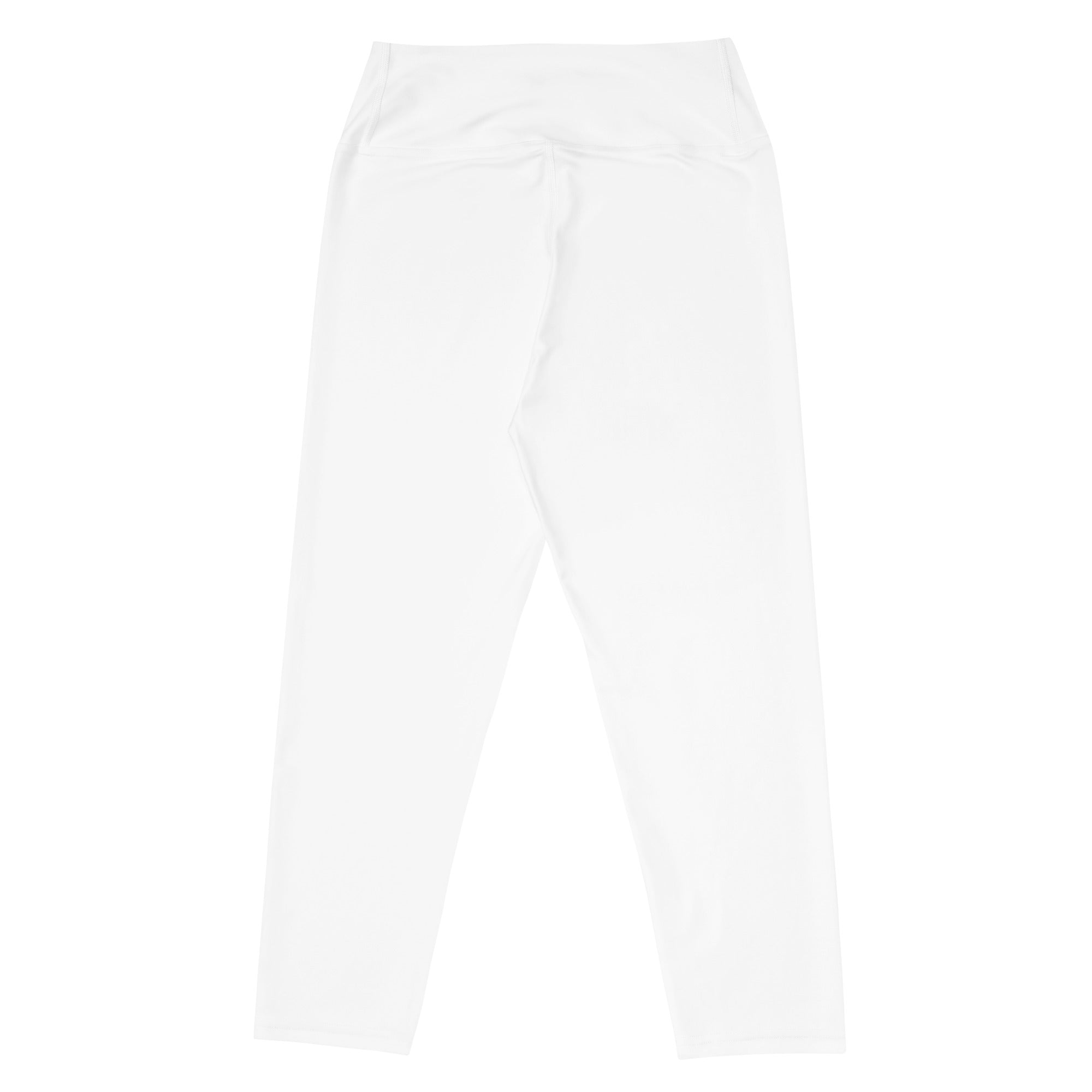 White high-waisted buttery soft yoga capri leggings with stretchy fabric and subtle side seam detailing
