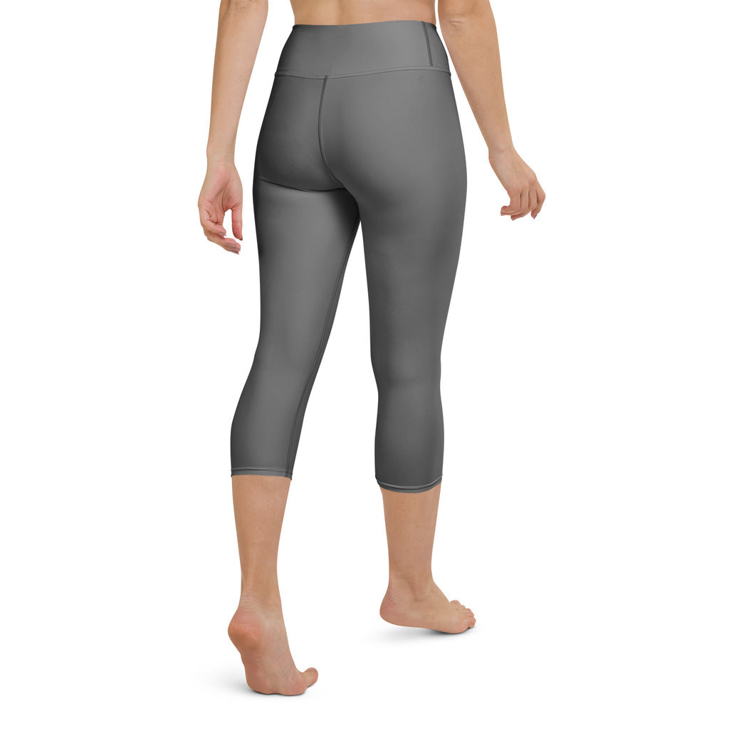 Women’s gray high-rise buttery soft yoga capri leggings with smooth stretchy fabric and moisture-wicking material