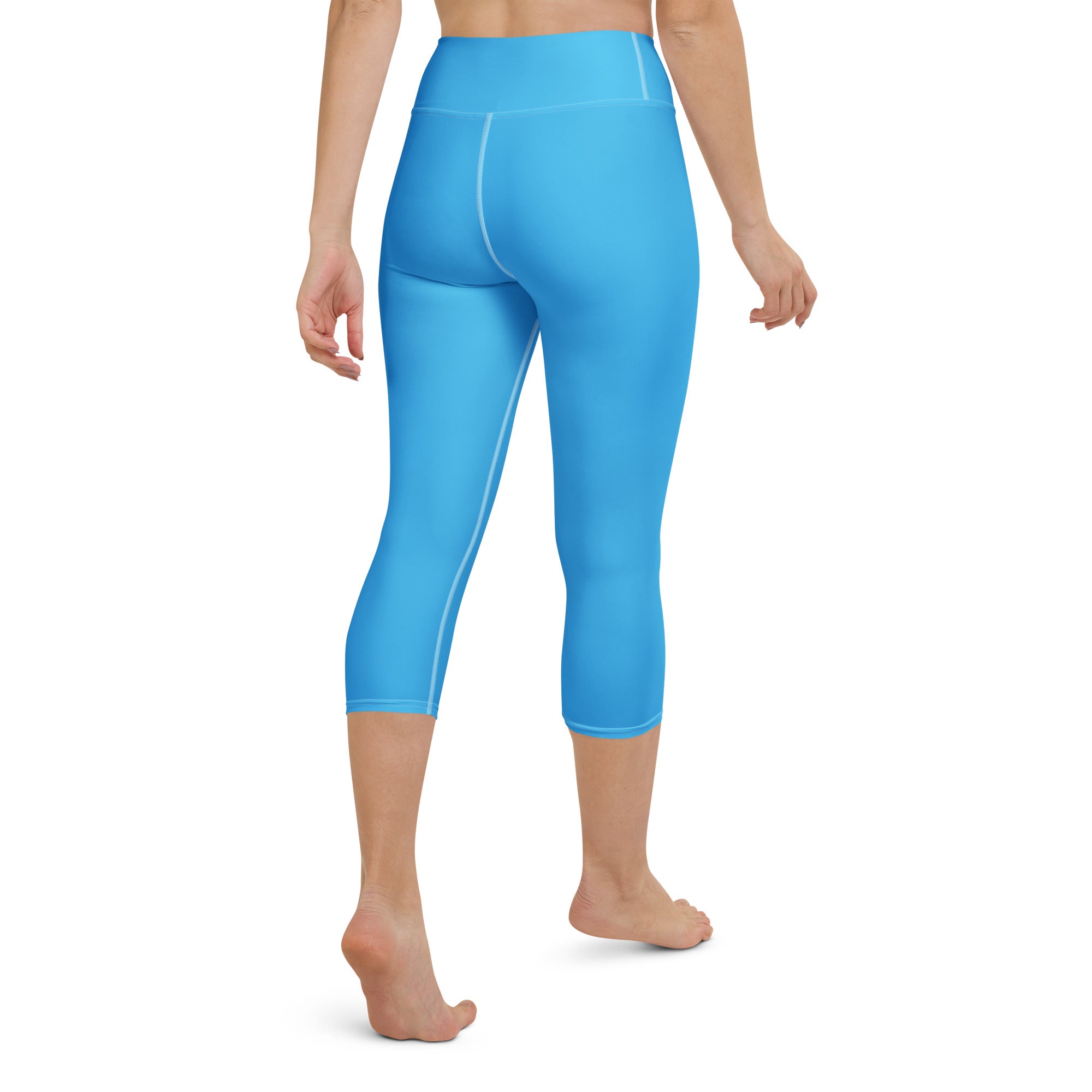 Women’s sky blue high-rise buttery soft yoga capri leggings with white side stitching moisture-wicking stretch