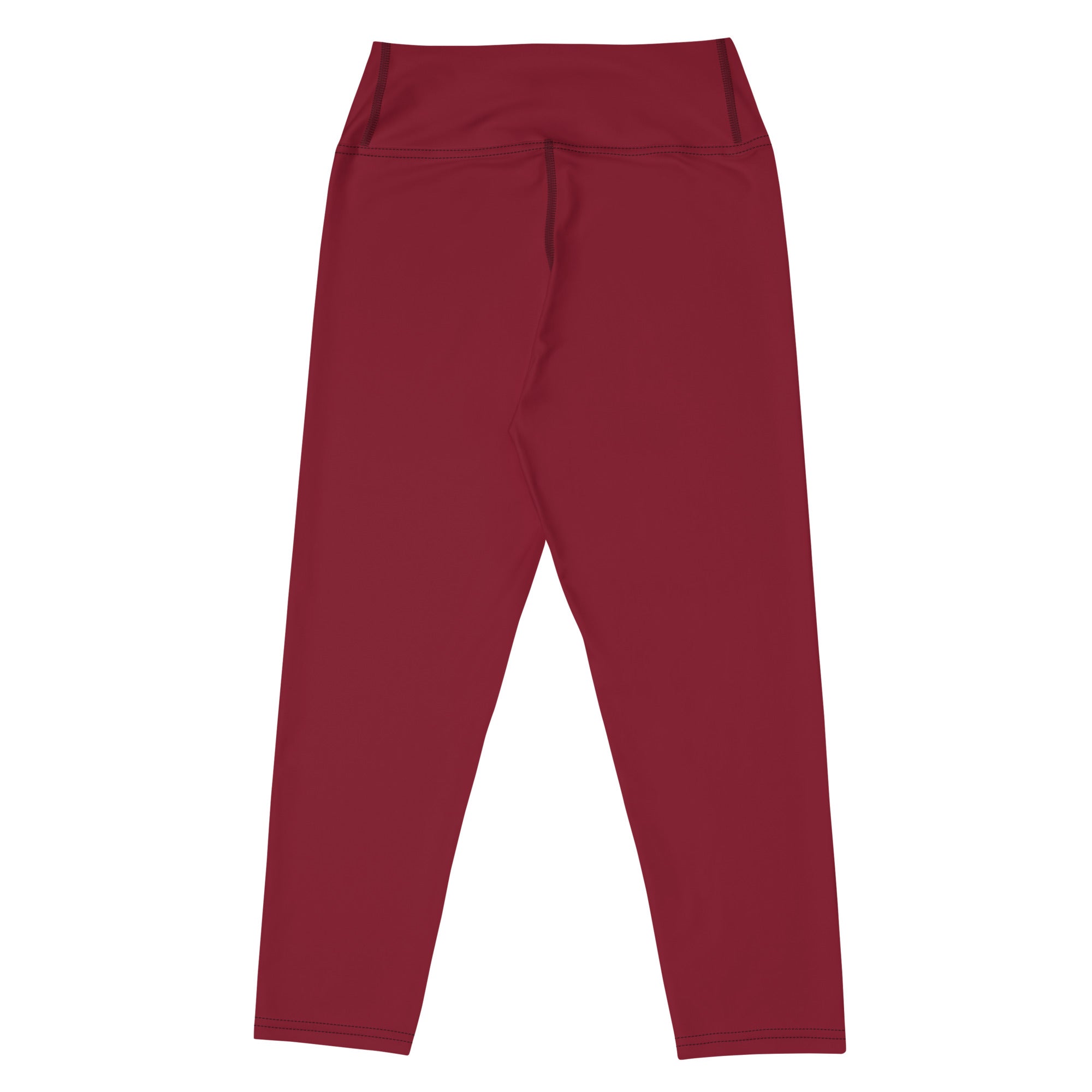 Women’s burgundy high-rise yoga capri leggings made of buttery soft moisture-wicking stretchy fabric