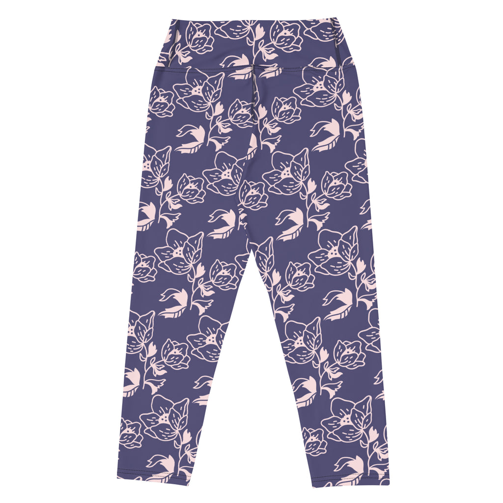 Women’s purple floral high-rise yoga capri leggings with delicate white and pink blossoms buttery soft stretch