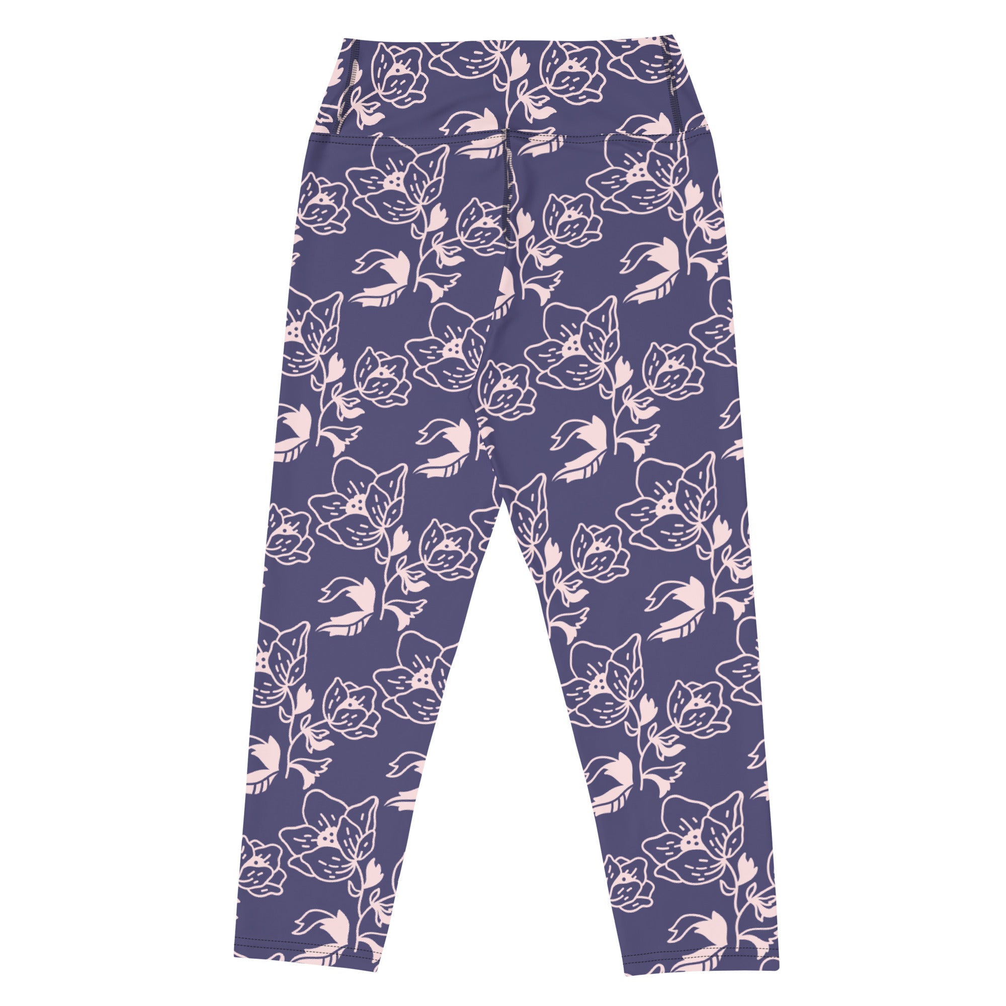 Women’s purple floral high-rise yoga capri leggings with delicate white and pink blossoms buttery soft stretch