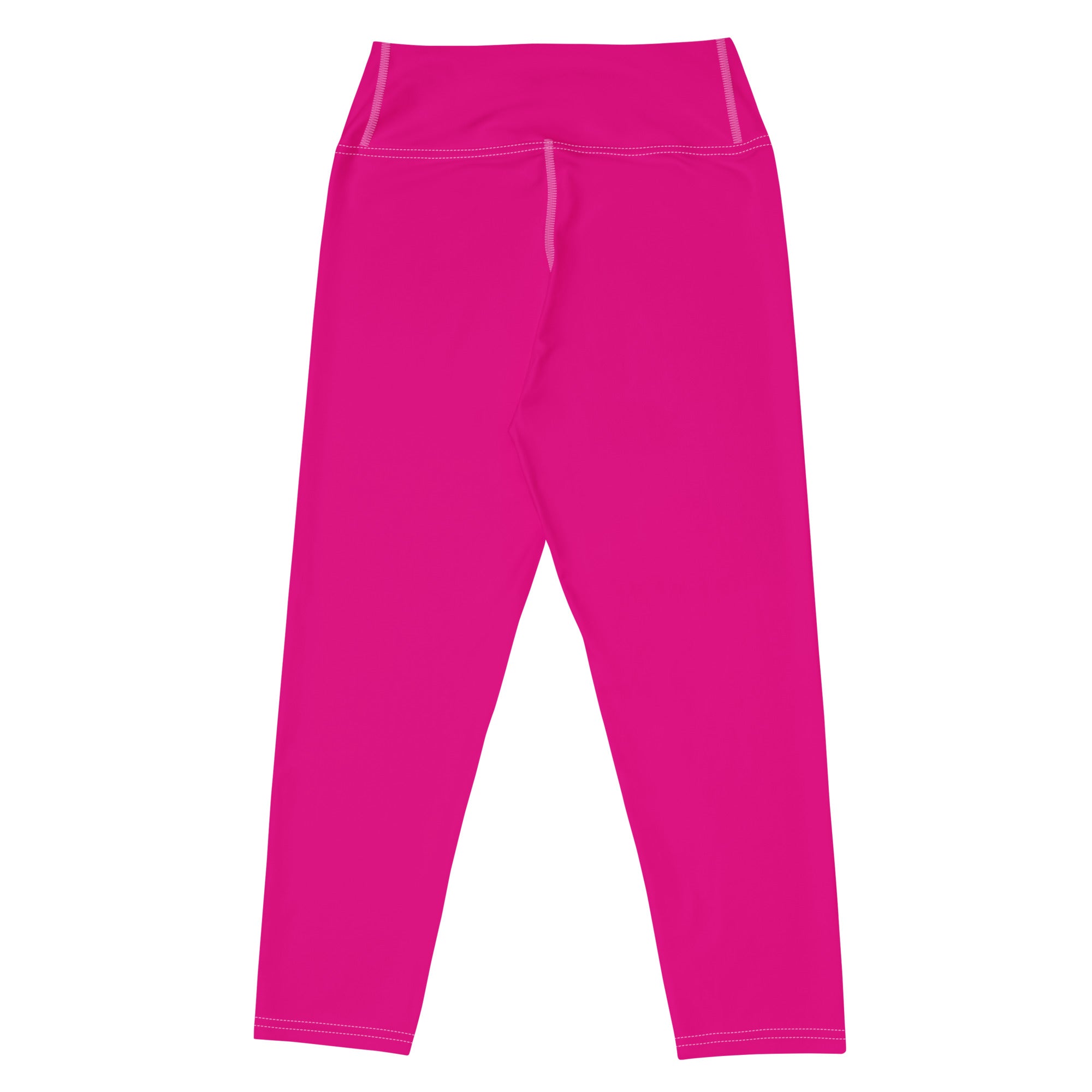 Women’s hot pink buttery soft high-rise yoga capri leggings with moisture-wicking fabric and matching seam stitching