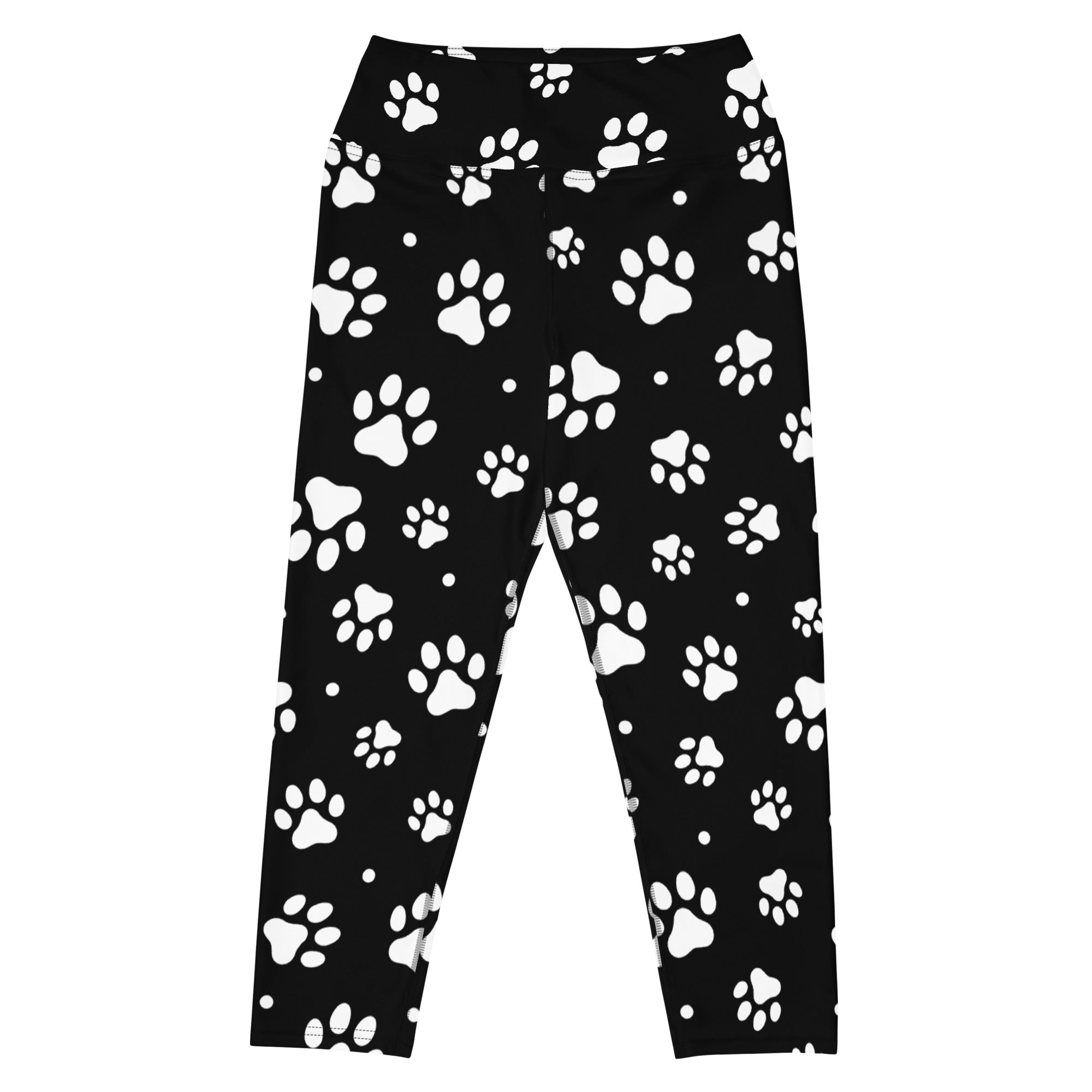 Black high-rise women’s yoga capri leggings with white paw print pattern buttery soft moisture-wicking fabric