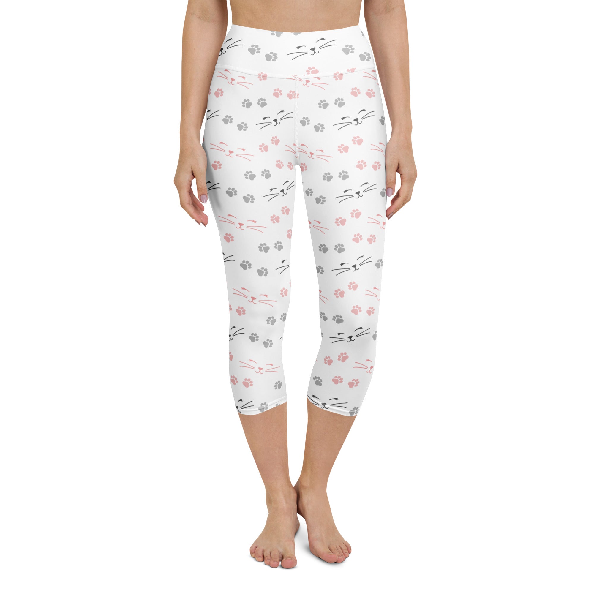 White capri leggings with pink and gray cat faces whiskers and paw prints buttery soft high rise moisture wicking activewear