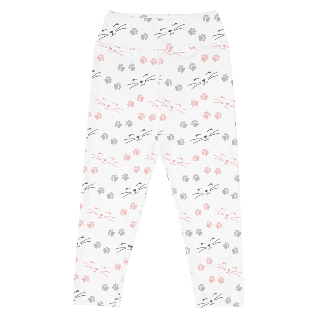 White buttery soft high-rise yoga capri leggings with pink gray paw prints and minimalist black cat faces