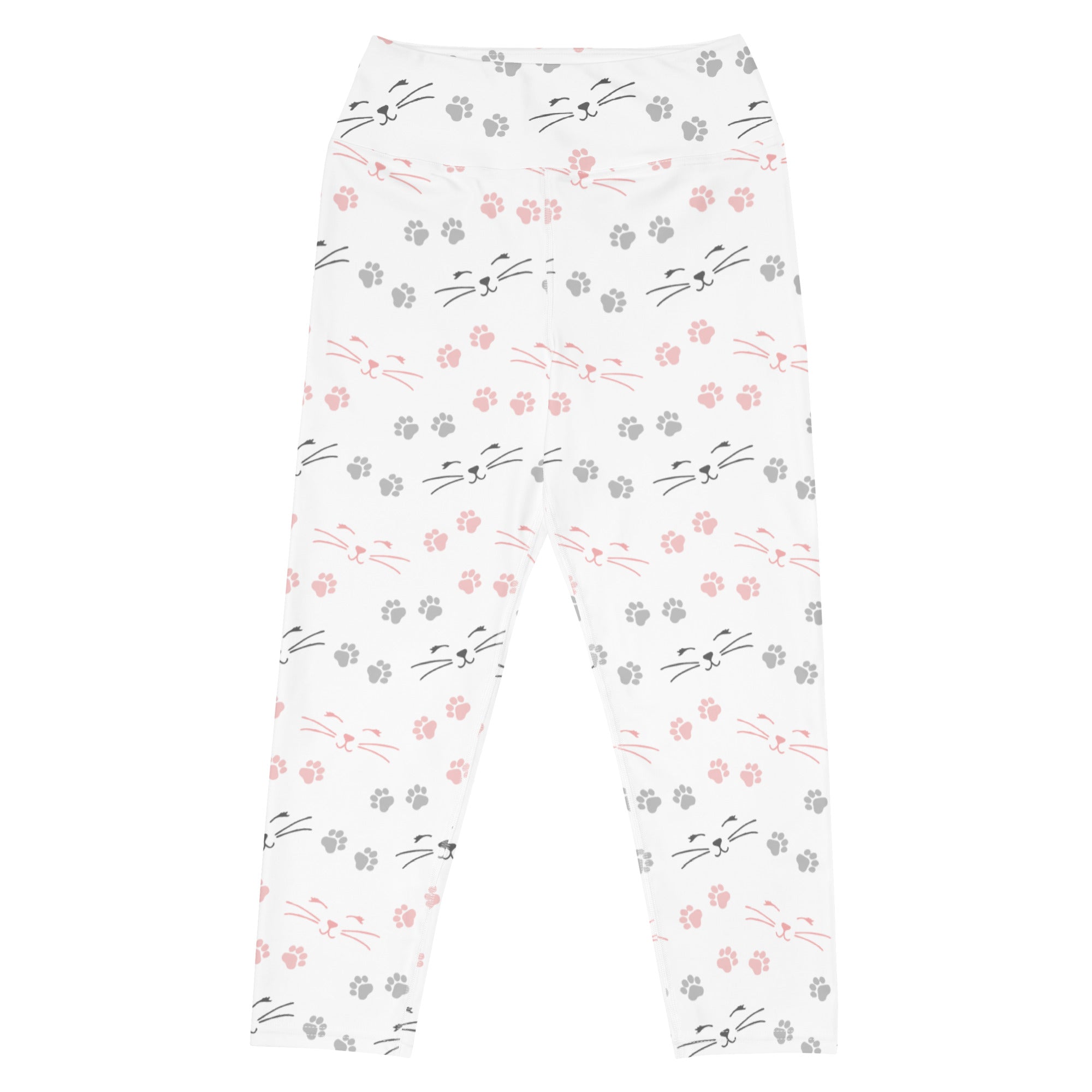 White buttery soft high-rise yoga capri leggings with pink gray paw prints and minimalist black cat faces