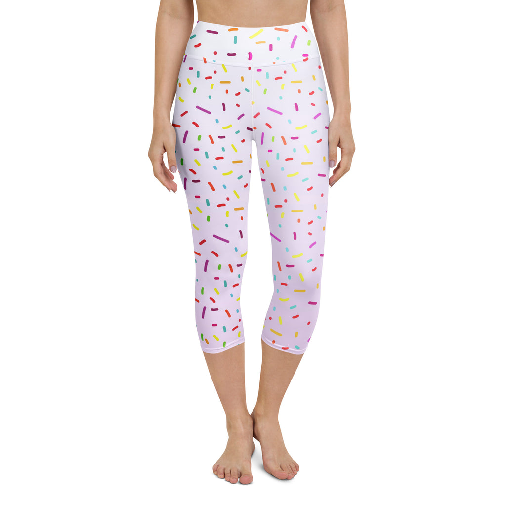 White high-rise buttery soft capri leggings with colorful sprinkles pattern moisture-wicking activewear pants