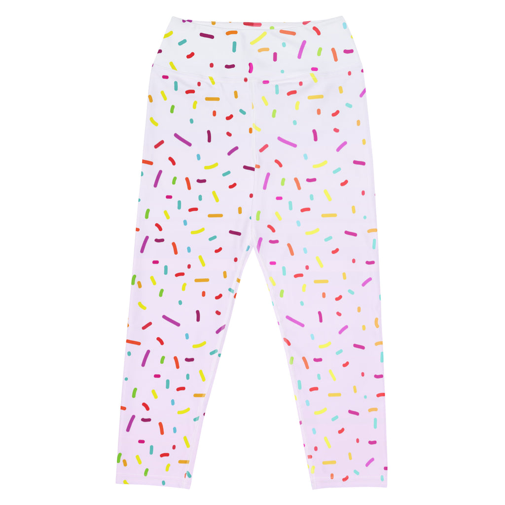 Women’s white yoga capri leggings with colorful sprinkle pattern high-rise buttery soft moisture-wicking fabric