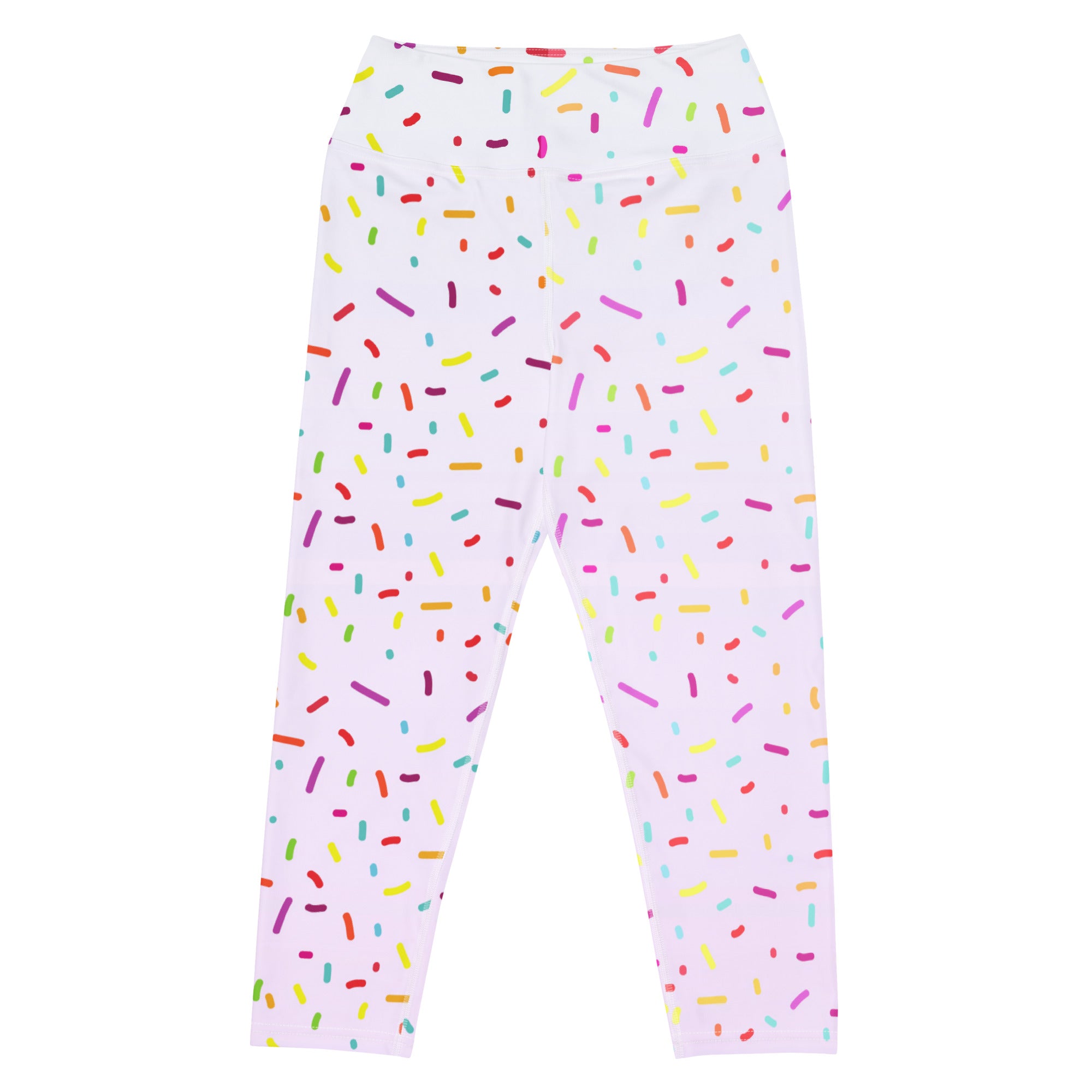 Women’s white yoga capri leggings with colorful sprinkle pattern high-rise buttery soft moisture-wicking fabric