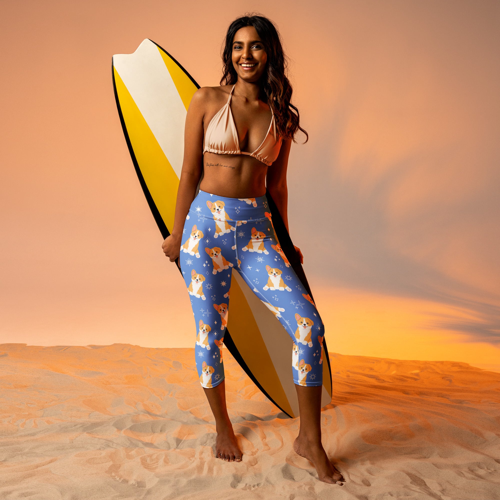 Women's Blue Corgi Dog Buttery Soft Yoga Capri Leggings – High-Rise, Moisture-Wicking, Soft Stretch Activewear Pants