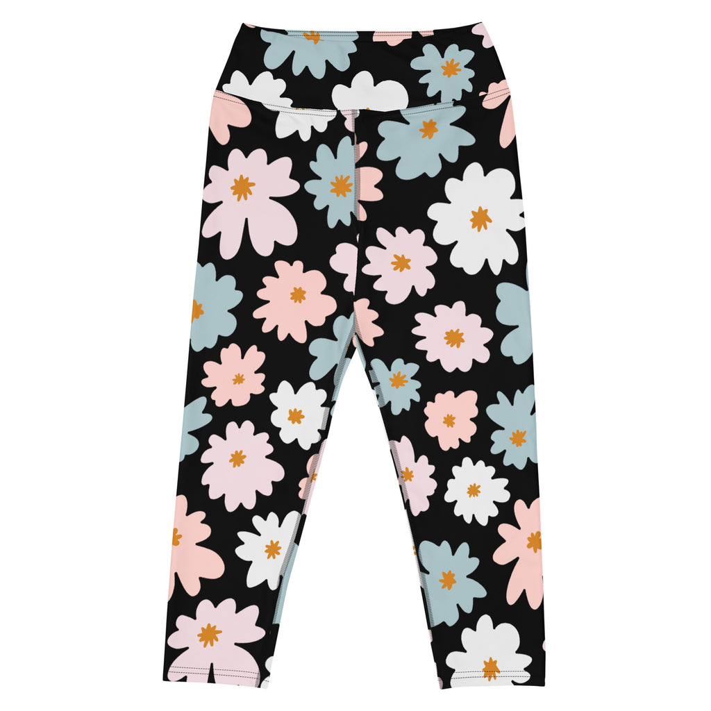 Black women’s retro floral buttery soft high-rise yoga capri leggings with pastel flower pattern and moisture-wicking fabric