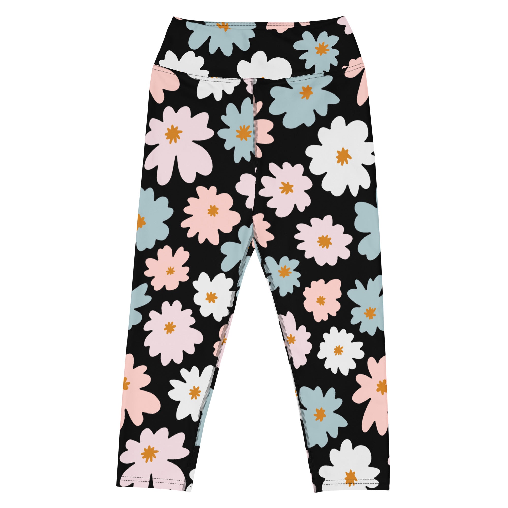 Black women’s retro floral buttery soft high-rise yoga capri leggings with pastel flower pattern and moisture-wicking fabric
