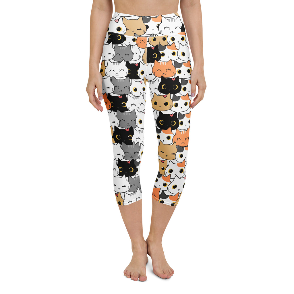 White high-rise cat face buttery soft yoga capri leggings with playful cartoon cats and moisture-wicking stretch fabric