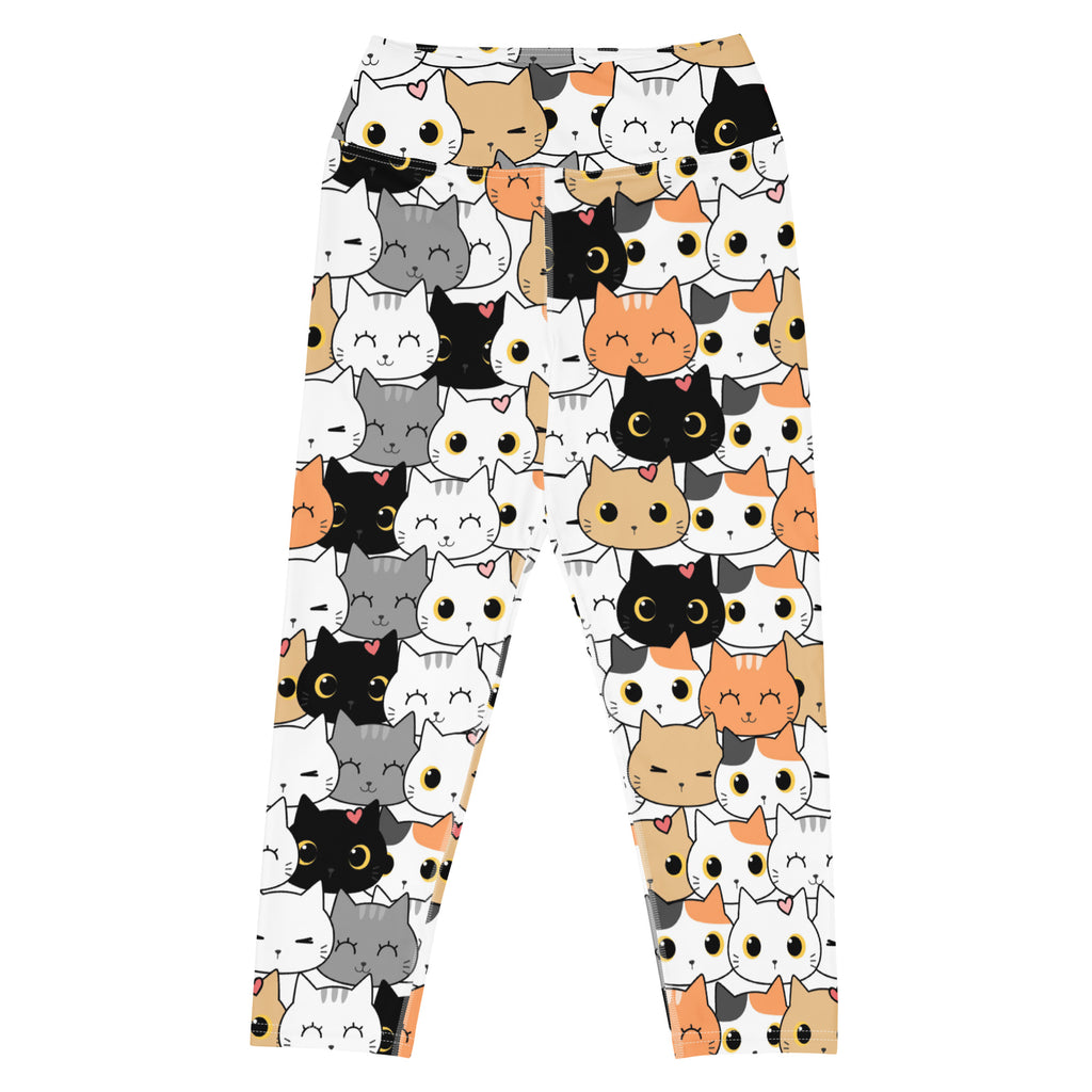 White women’s high-rise buttery soft yoga capri leggings with colorful cartoon cat faces moisture-wicking stretch